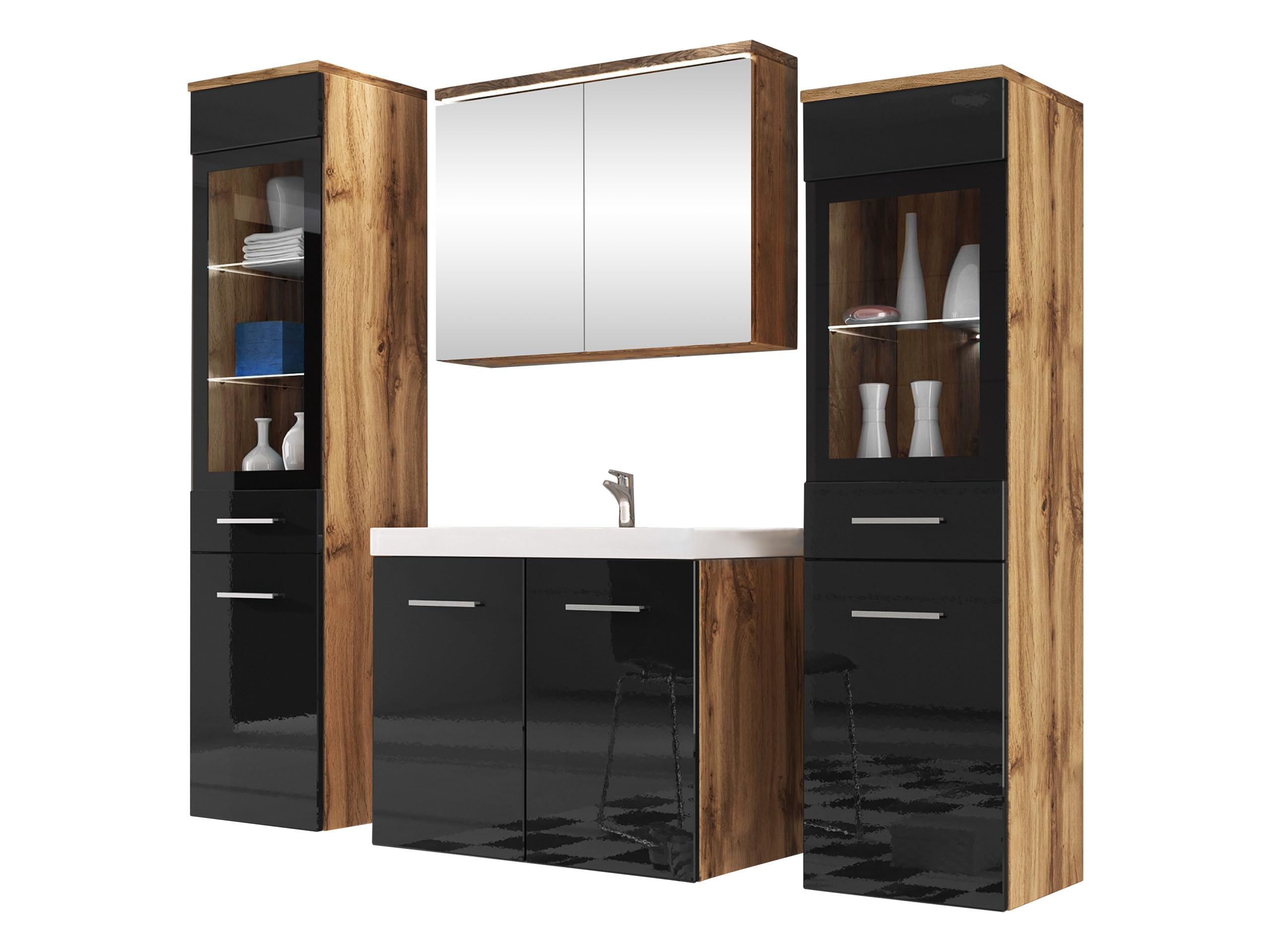 Mirjan24 Badmöbel Set Madrit II mit Waschbecken und Siphon, Komplettprogramme für Spiegelschrank, Waschtisch, Hochschrank (Kastanien Breslau/Grau Hochglanz, ohne Beleuchtung)