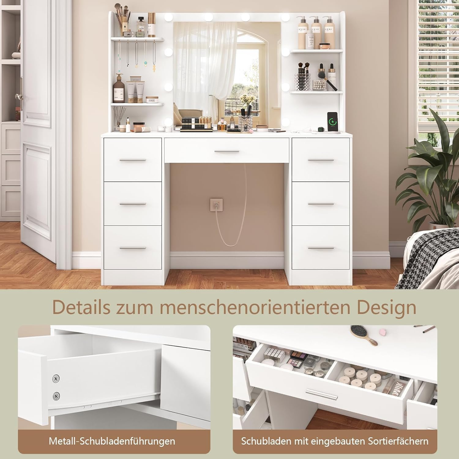 TEENFON Large Dressing Table with Adjustable LED Lighting and Sockets, Dressing Table with Mirror, 7 Drawers, 4 Open Shelves and 5 Jewellery Hooks for Bedroom, White