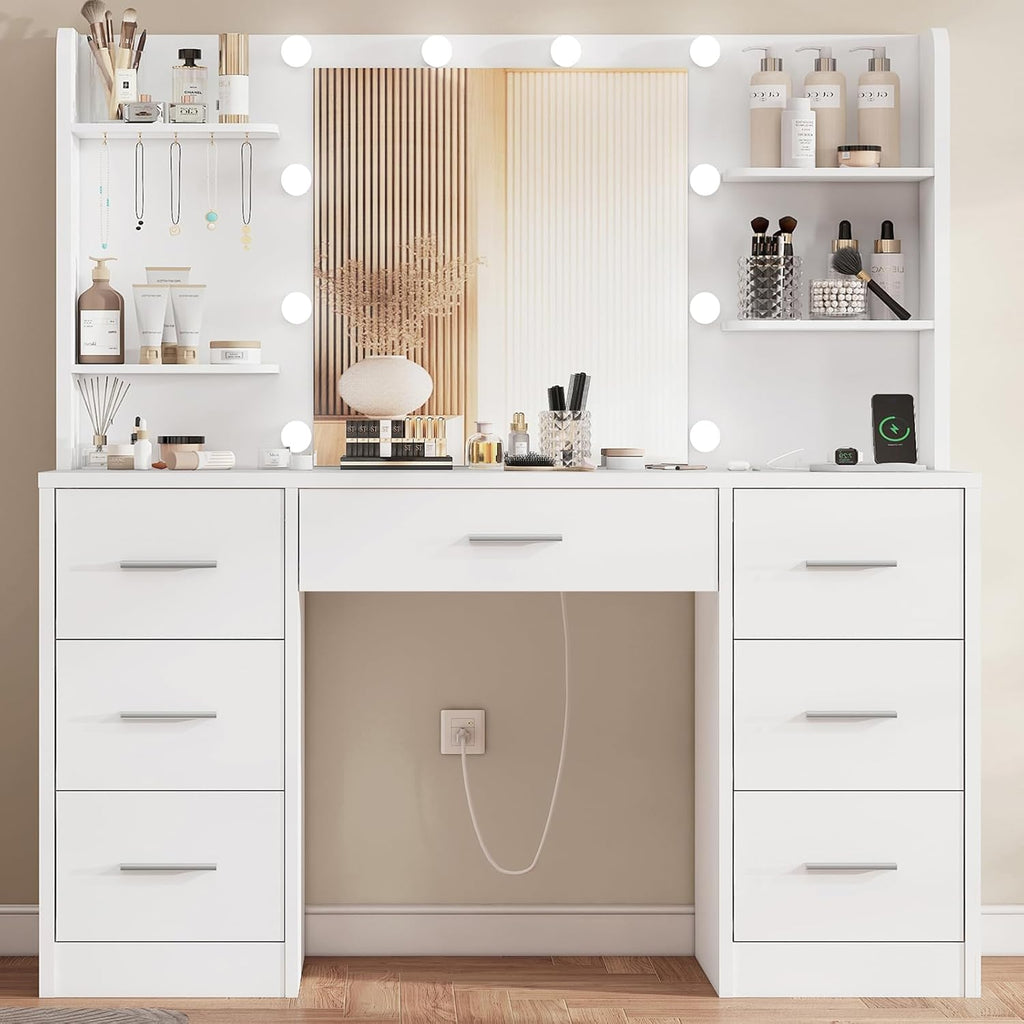 TEENFON Large Dressing Table with Adjustable LED Lighting and Sockets, Dressing Table with Mirror, 7 Drawers, 4 Open Shelves and 5 Jewellery Hooks for Bedroom, White