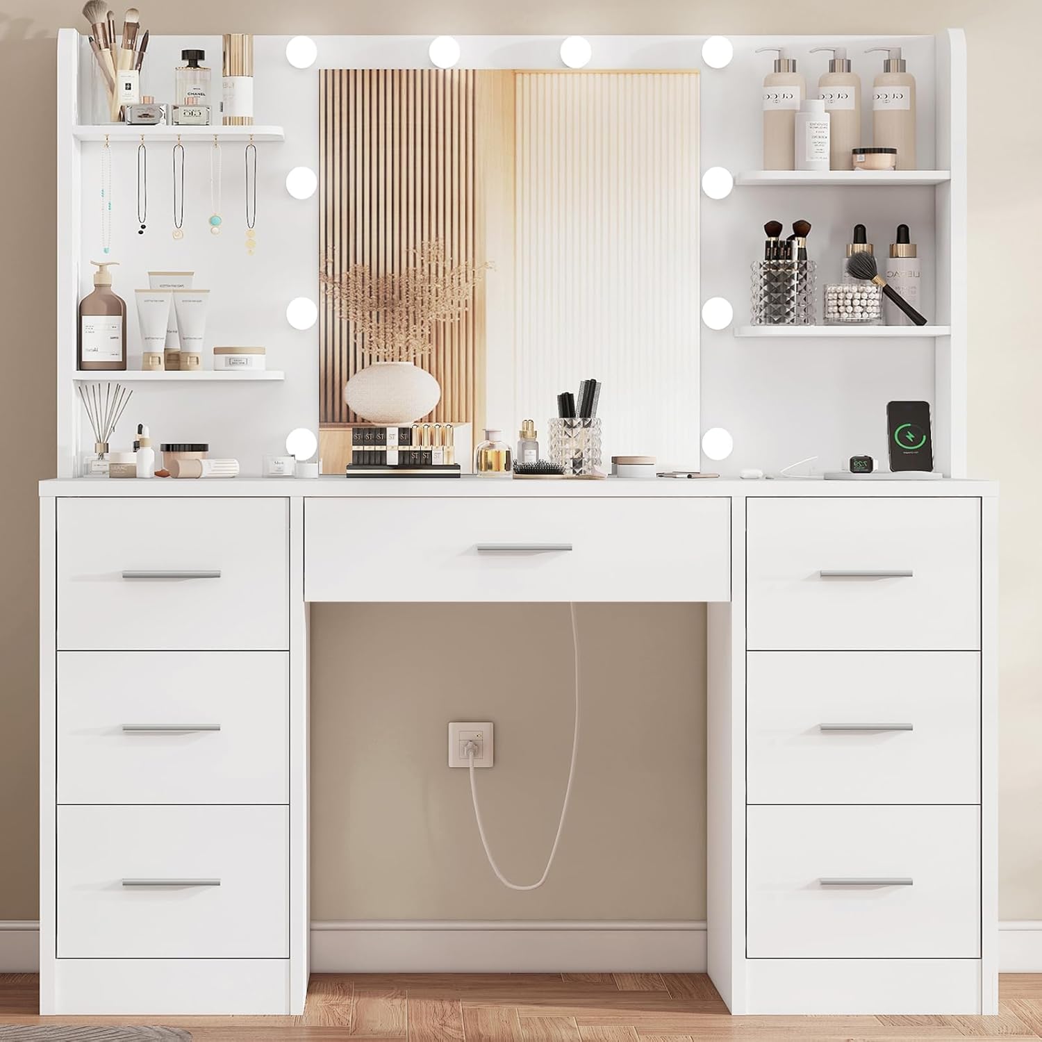 TEENFON Large Dressing Table with Adjustable LED Lighting and Sockets, Dressing Table with Mirror, 7 Drawers, 4 Open Shelves and 5 Jewellery Hooks for Bedroom, White