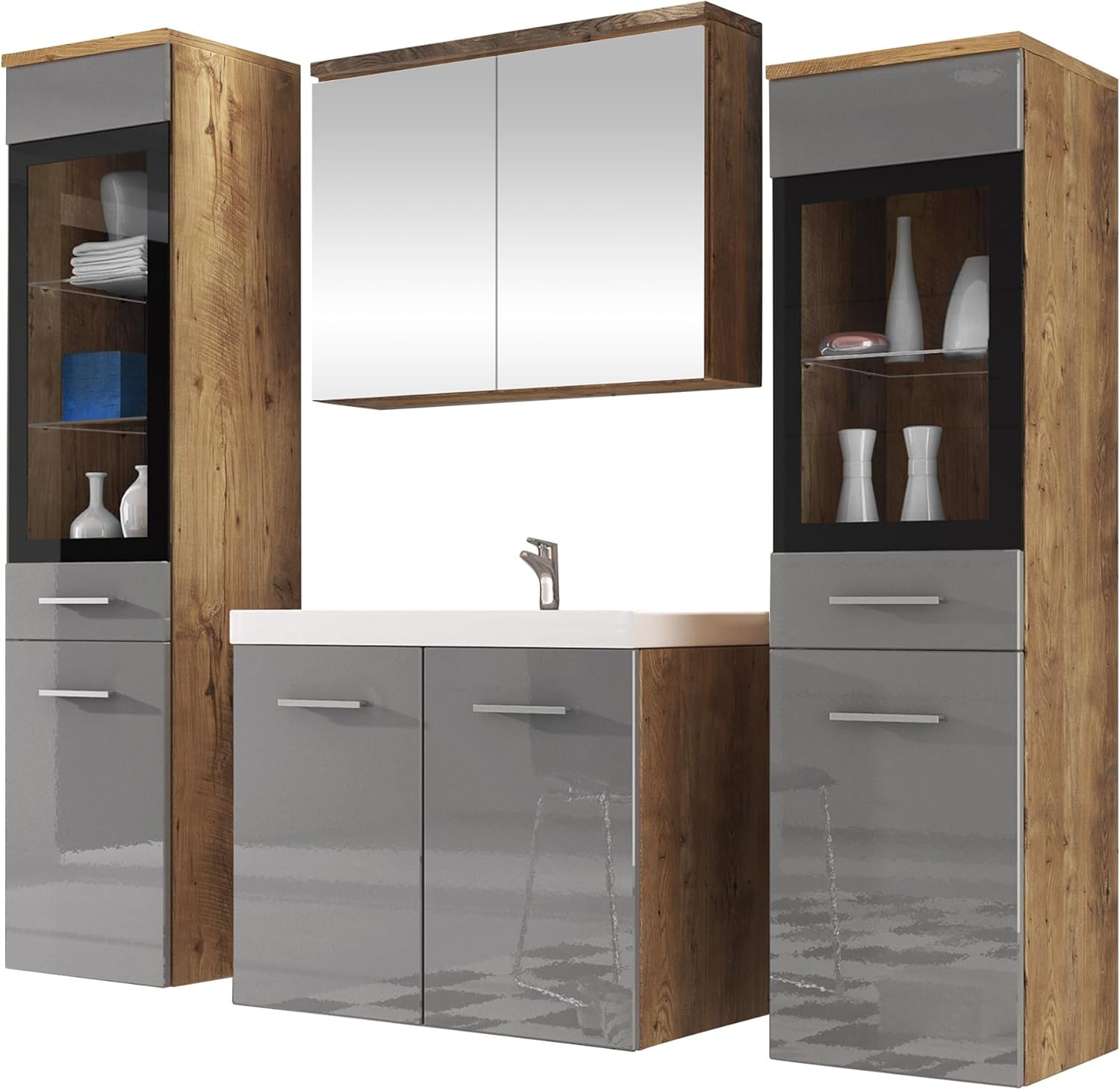 Mirjan24 Badmöbel Set Madrit II mit Waschbecken und Siphon, Komplettprogramme für Spiegelschrank, Waschtisch, Hochschrank (Kastanien Breslau/Grau Hochglanz, ohne Beleuchtung)