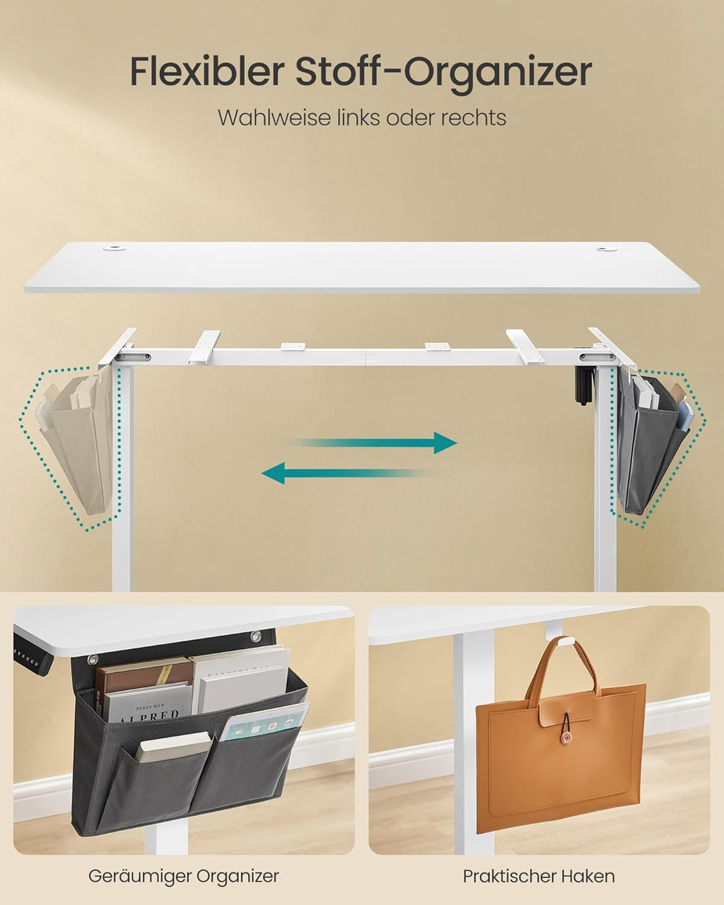 SONGMICS Höhenverstellbarer Schreibtisch elektrisch, 160 x 70 cm, stufenlos verstellbar, Memory-Funktion mit 4 Höhen, wolkenweiß LSD136W01