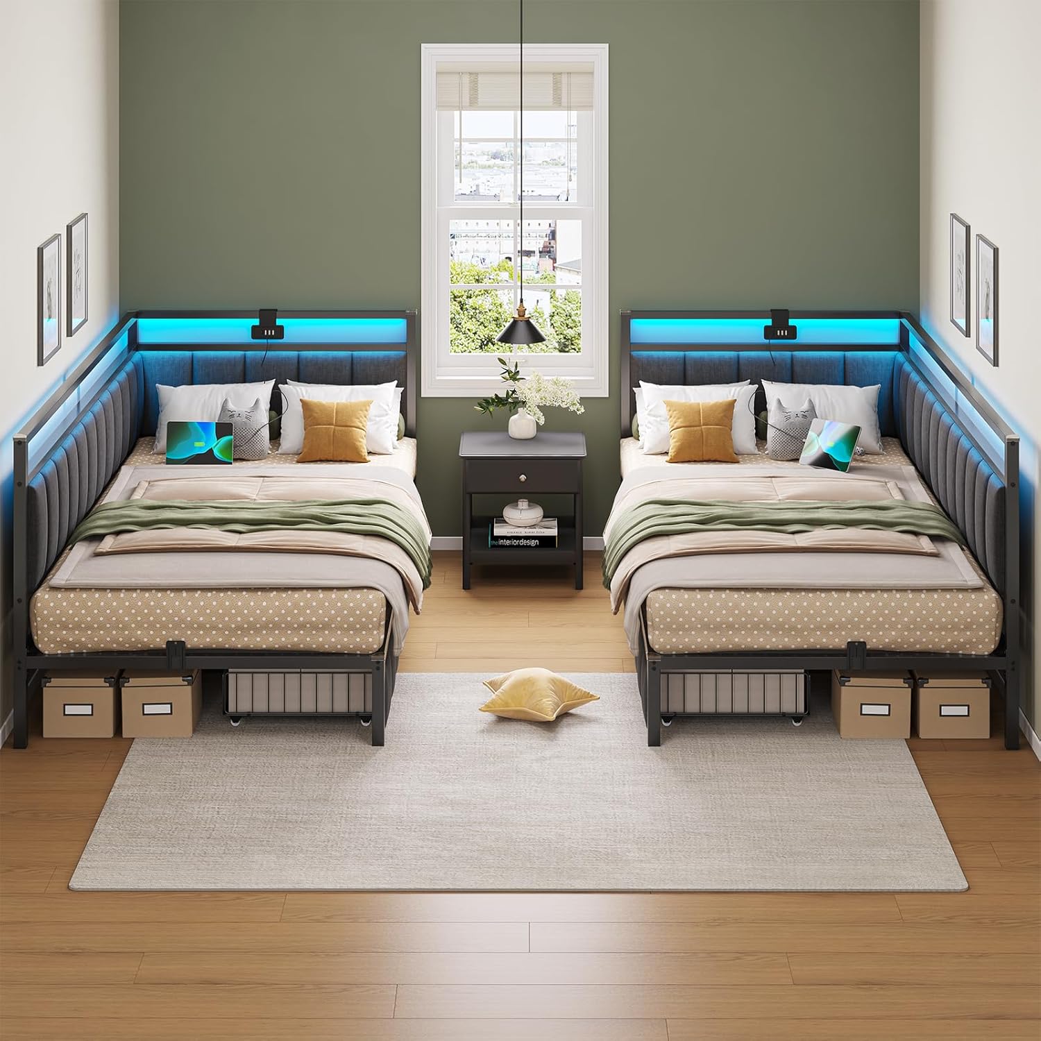 DICTAC Polsterbett Schlafsofa 90x200 mit LED-Beleuchtung und USB-Ladestation,Jugendbett Tagesbett 90x200 mit Lattenrost aus Metall und 2 Schubladen,Gästebett,Bettgestell ohne Matratze,Dunkelgrau