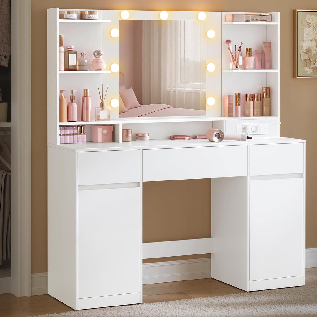 VASAGLE Kailyn Collection RDT142WB02 Dressing Table with Mirror and LED Lights, Power Strip, 2 Cabinets, 9 Dimmable Bulbs, 3 Light Colours, Tool-Free Slide Rails, Cloud White