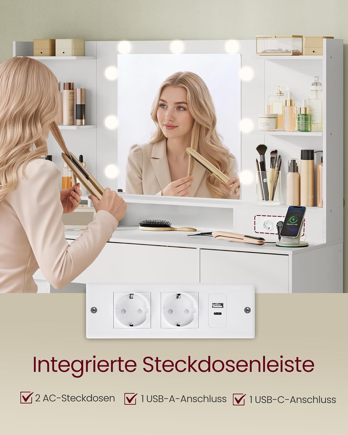 VASAGLE Kailyn Collection RDT142WB02 Dressing Table with Mirror and LED Lights, Power Strip, 2 Cabinets, 9 Dimmable Bulbs, 3 Light Colours, Tool-Free Slide Rails, Cloud White