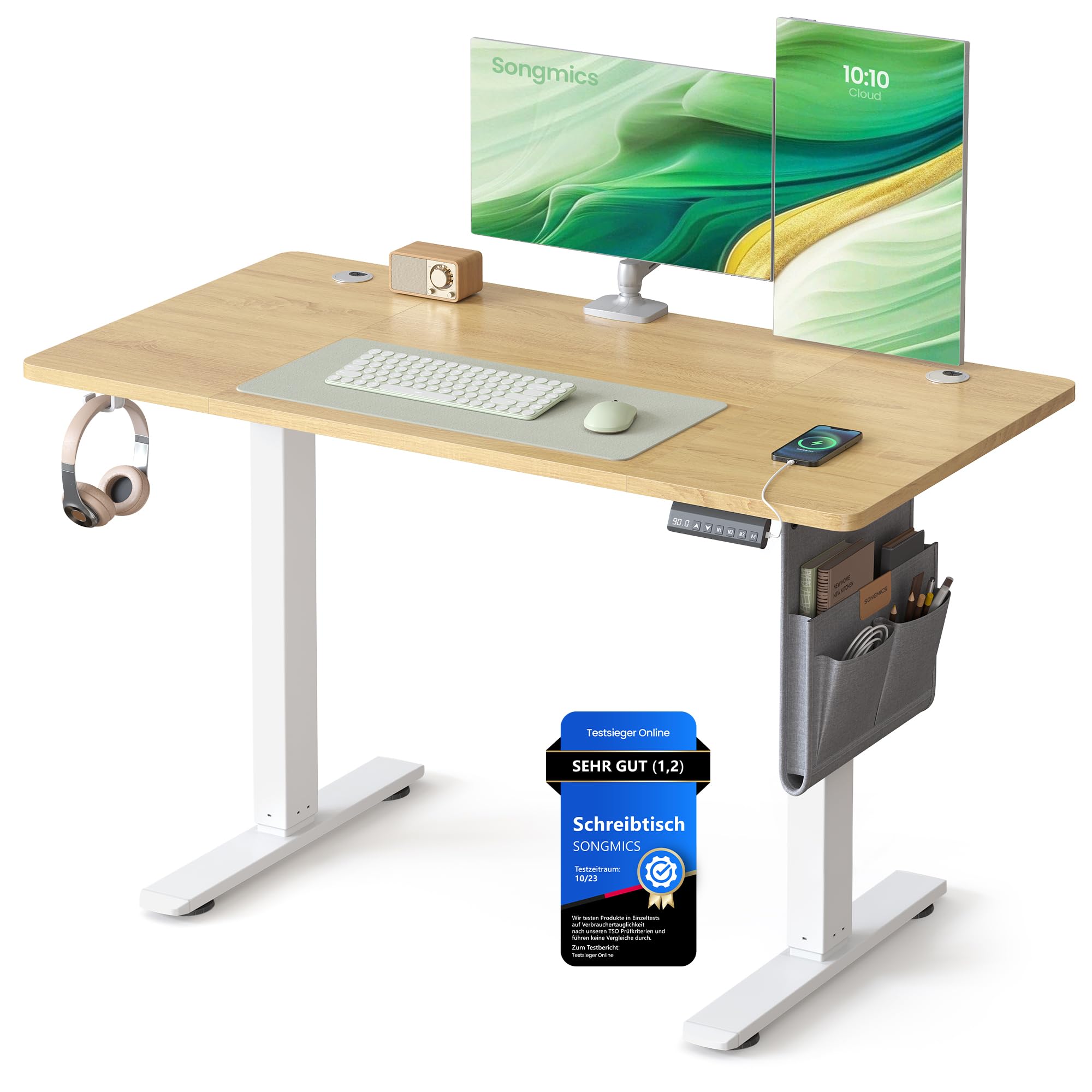 SONGMICS Höhenverstellbarer Schreibtisch elektrisch, 160 x 70 cm, stufenlos verstellbar, Memory-Funktion mit 4 Höhen, wolkenweiß LSD136W01