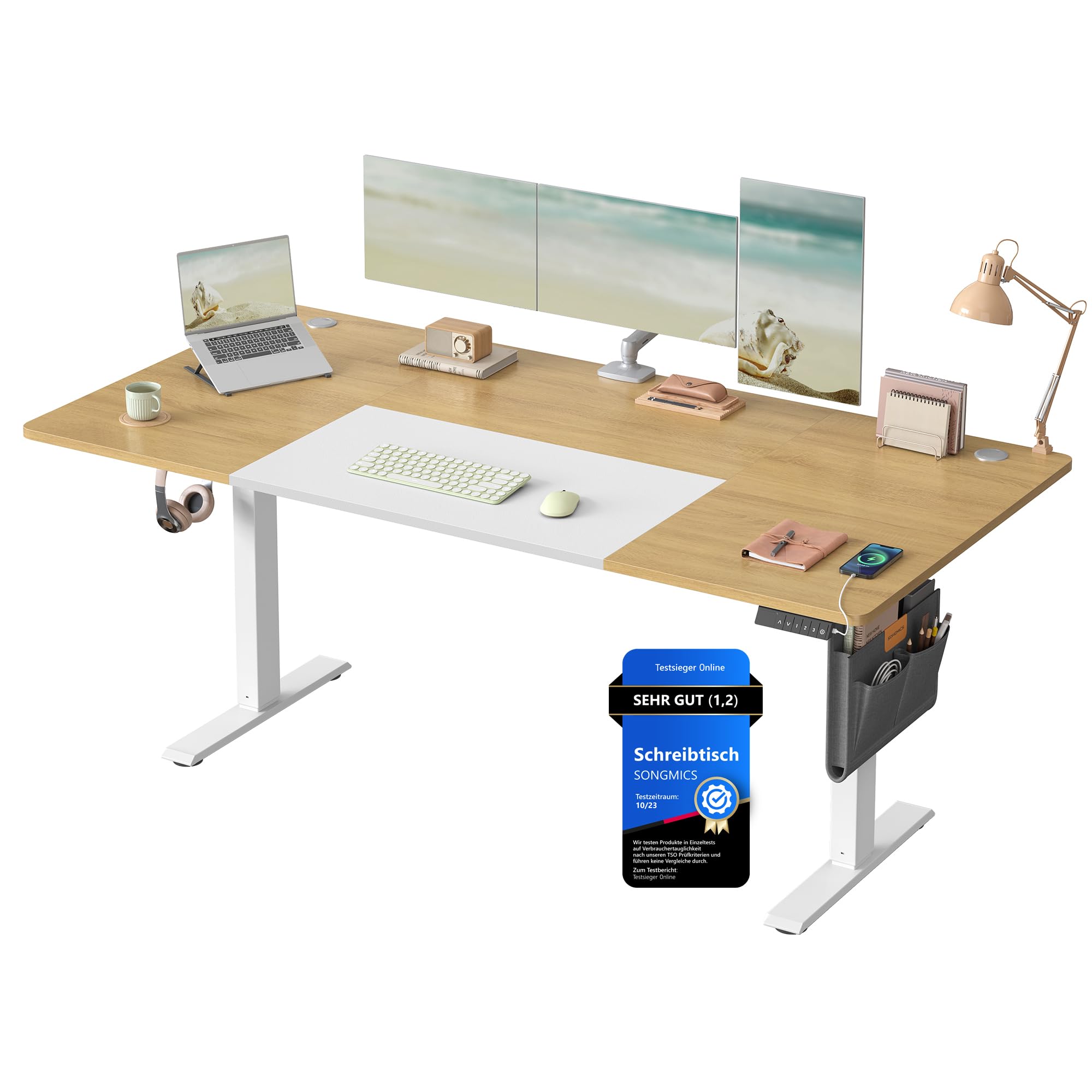 SONGMICS Höhenverstellbarer Schreibtisch elektrisch, 160 x 70 cm, stufenlos verstellbar, Memory-Funktion mit 4 Höhen, wolkenweiß LSD136W01
