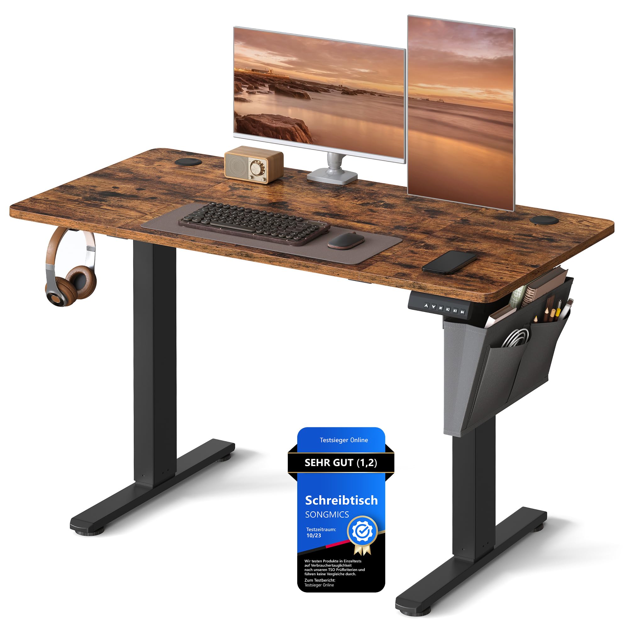 SONGMICS Höhenverstellbarer Schreibtisch elektrisch, 160 x 70 cm, stufenlos verstellbar, Memory-Funktion mit 4 Höhen, wolkenweiß LSD136W01