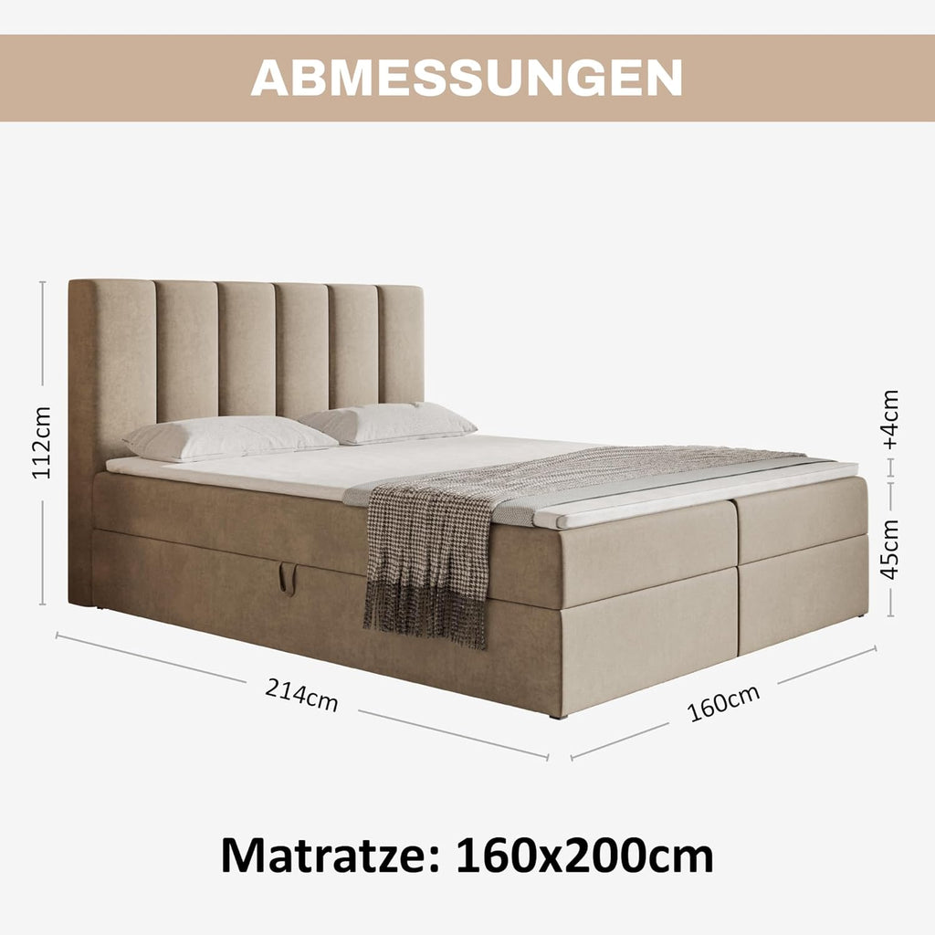 Santiago Boxspringbett 160x200 mit Bettkasten und Topper, Polsterbett 160x200 mit Bettkasten, Bonellfederkern-Matratze (H4), T28 Komfortschaumstoff Topper (H3), Samt, Beige