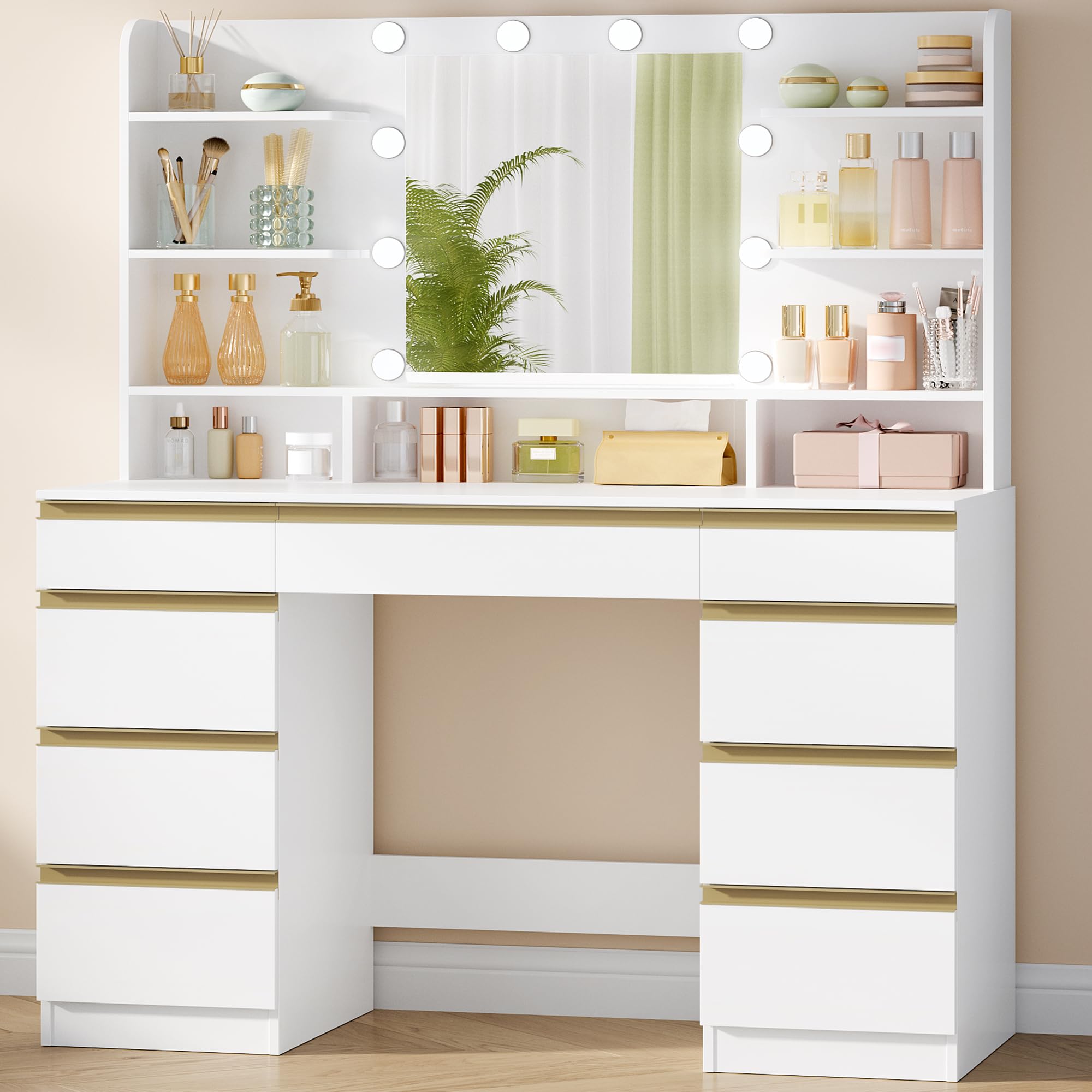 Hzuaneri Large Dressing Table with LED Lighting, 10 LED Light Balls, 3 Colours, Adjustable Brightness, Dressing Table with Mirror, 9 Drawers, 9 Open Shelves, Modern Style, White/Silver DT35703WV1