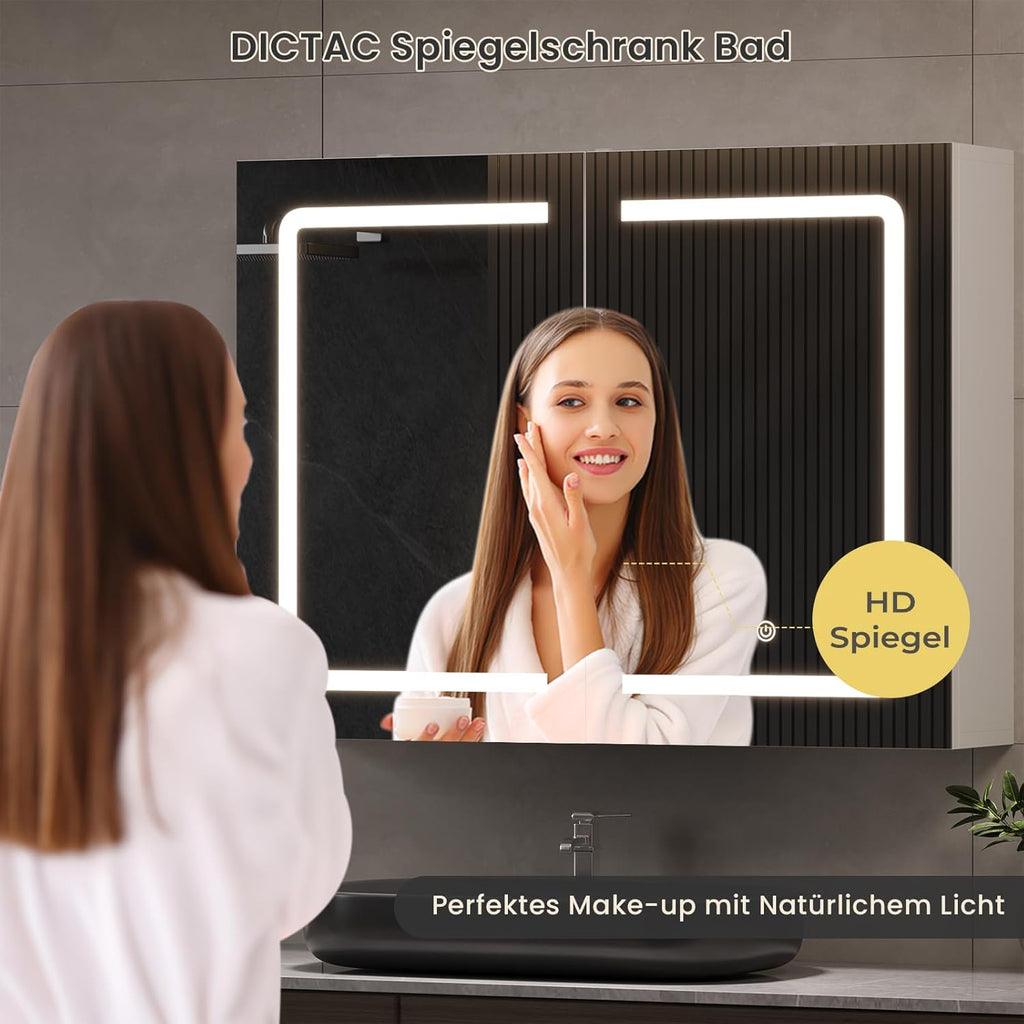 DICTAC Badezimmer spiegelschrank mit Beleuchtung 80x60x16cm Spiegelschrank Bad mit LED und Steckdose 80 cm Breit Doppeltür Badschrank mit Spiegel und Ablage,Hängeschrank,Berührung Sensorschalter,Weiß