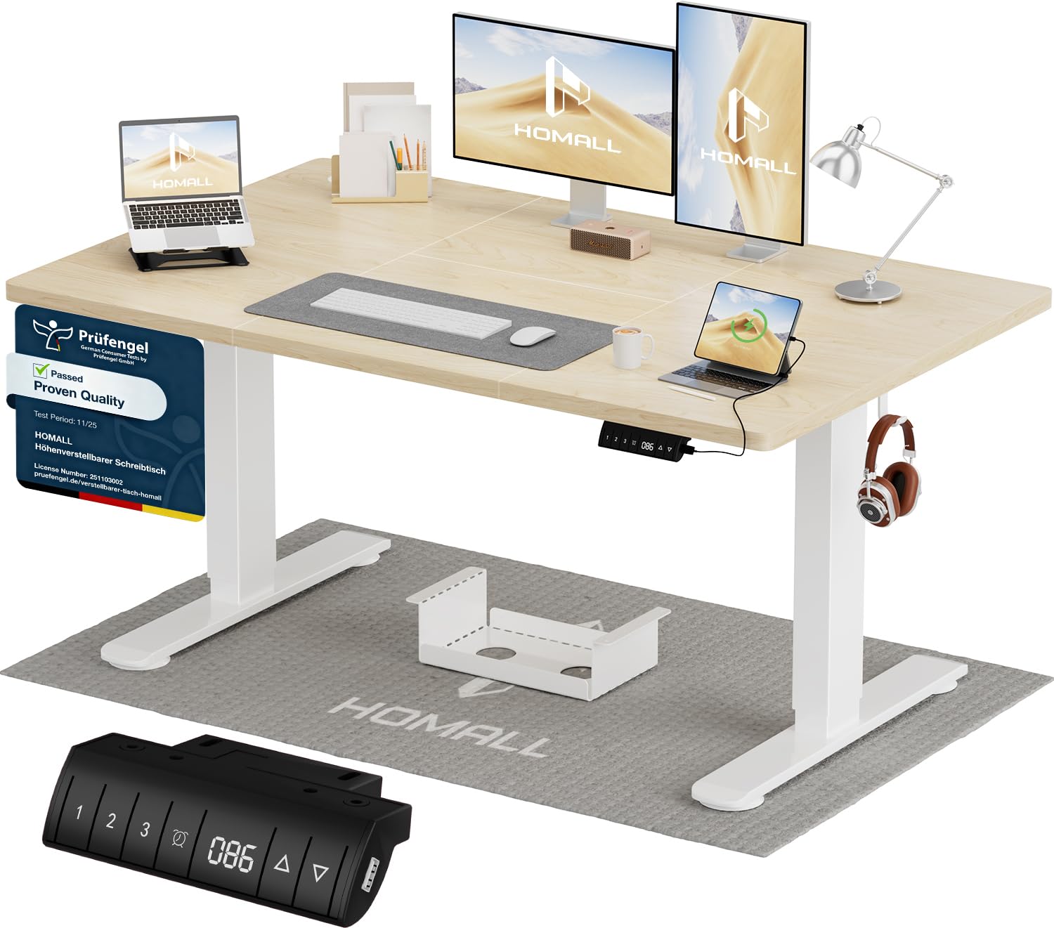 Homall Höhenverstellbarer Schreibtisch 140x70cm mit USB-A Ladeanschluss, Elektrischer Schreibtisch mit Kabel Management Tray, Standing Desk mit 3 Memory Funktion, Computertisch Beige