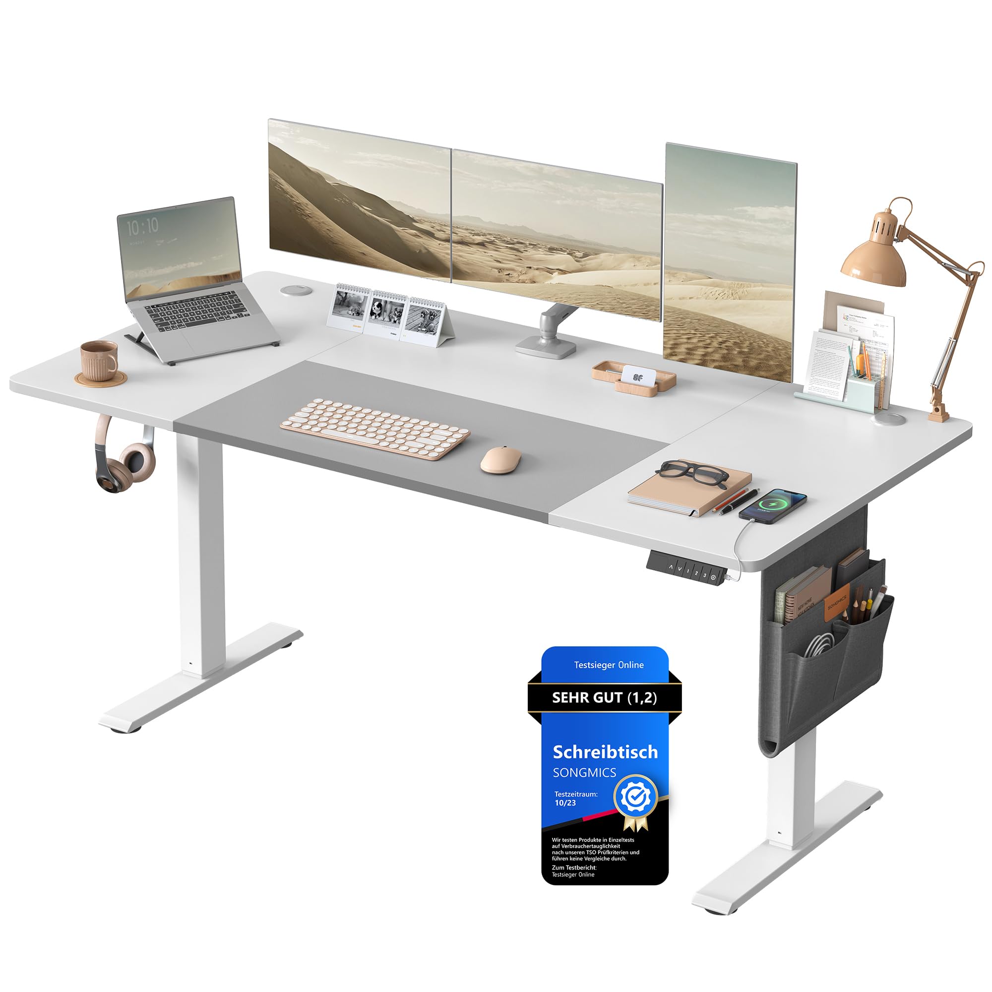 SONGMICS Höhenverstellbarer Schreibtisch elektrisch, 160 x 70 cm, stufenlos verstellbar, Memory-Funktion mit 4 Höhen, wolkenweiß LSD136W01