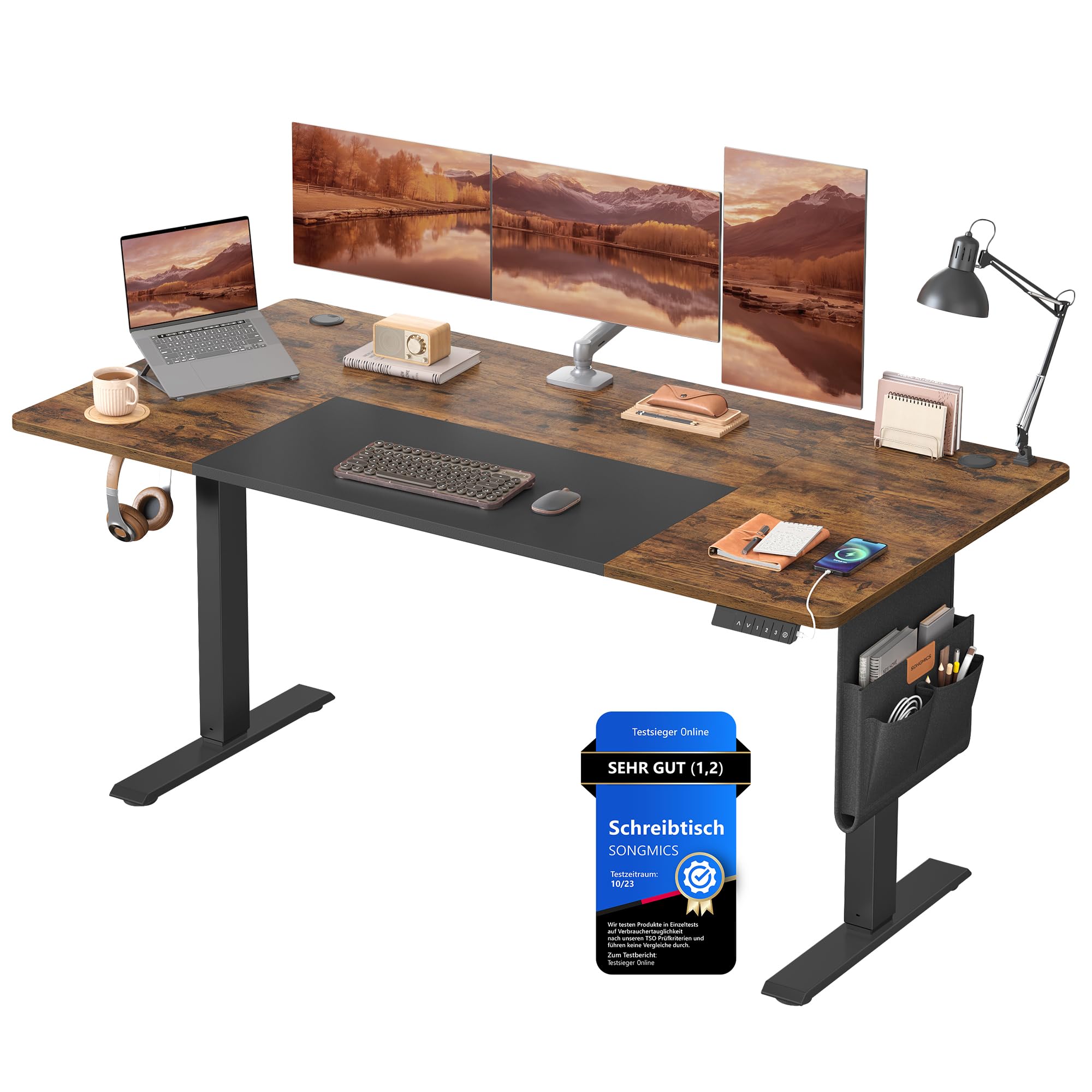 SONGMICS Höhenverstellbarer Schreibtisch elektrisch, 140 x 60 cm, stufenlos verstellbar, Memory-Funktion mit 4 Höhen, vintagebraun LSD134K01