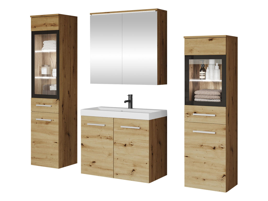 Mirjan24 Badmöbel Set Madrit II mit Waschbecken und Siphon, Komplettprogramme für Spiegelschrank, Waschtisch, Hochschrank (Kastanien Breslau/Grau Hochglanz, ohne Beleuchtung)