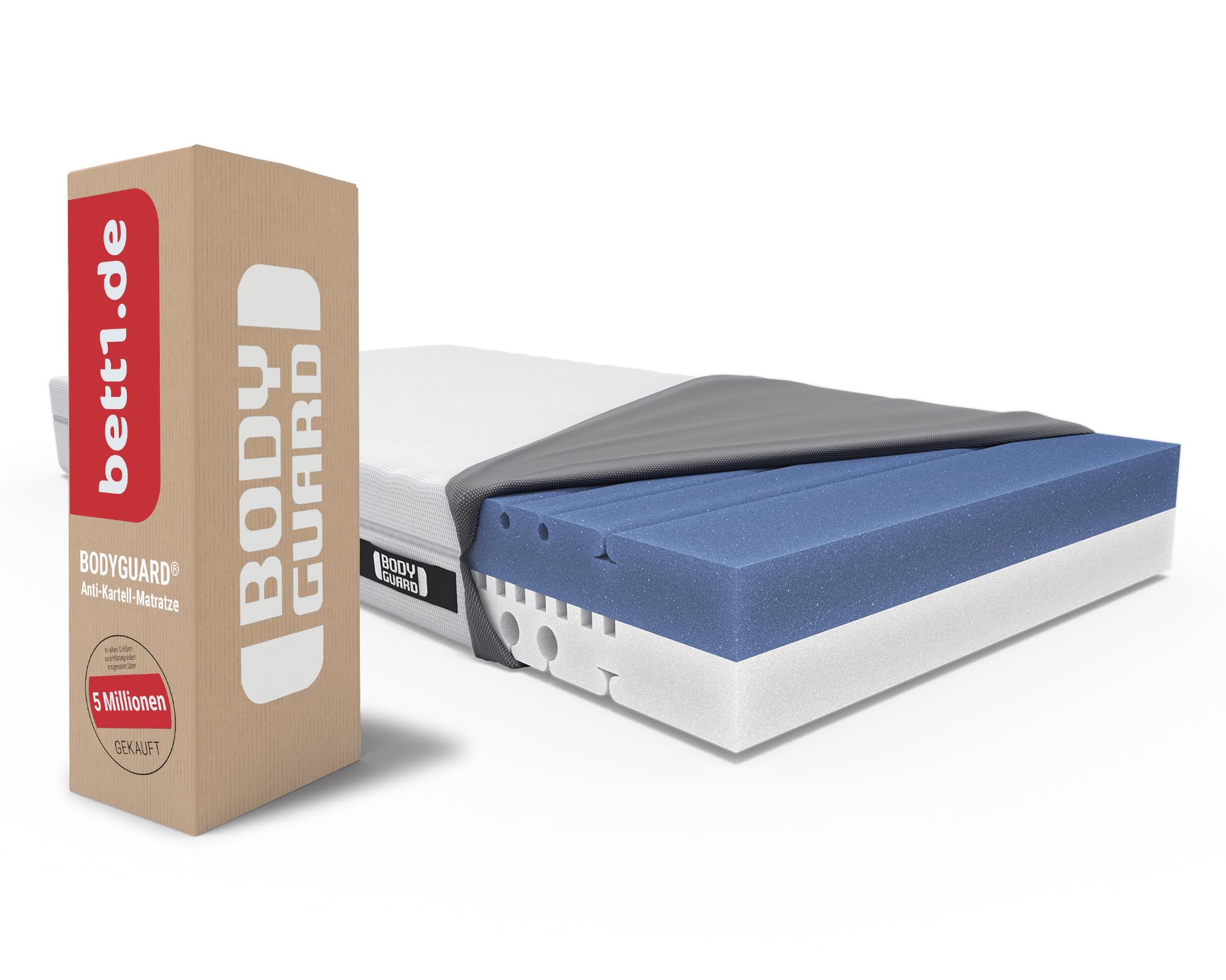 Bodyguard bett1 Anti-Kartell-Matratze 160x190. Deutschlands meistgekaufte Matratze (2in1 Liegehärten Mittelfest & Fester, Bezug 60°C waschbar, Oeko-TEX 100, Ergonomiemodule, QXSchaum)