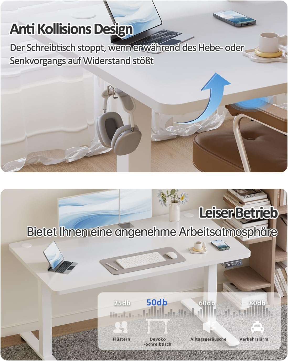 Devoko Höhenverstellbarer Schreibtisch, Elektrischer Schreibtisch Höhenverstellbar Tisch, Steh-Sitz Bürotisch, Computertisch mit Memory-Funktion, Stehpult, Standing Desk, Bürotisch,120 x 60 cm,Weiß