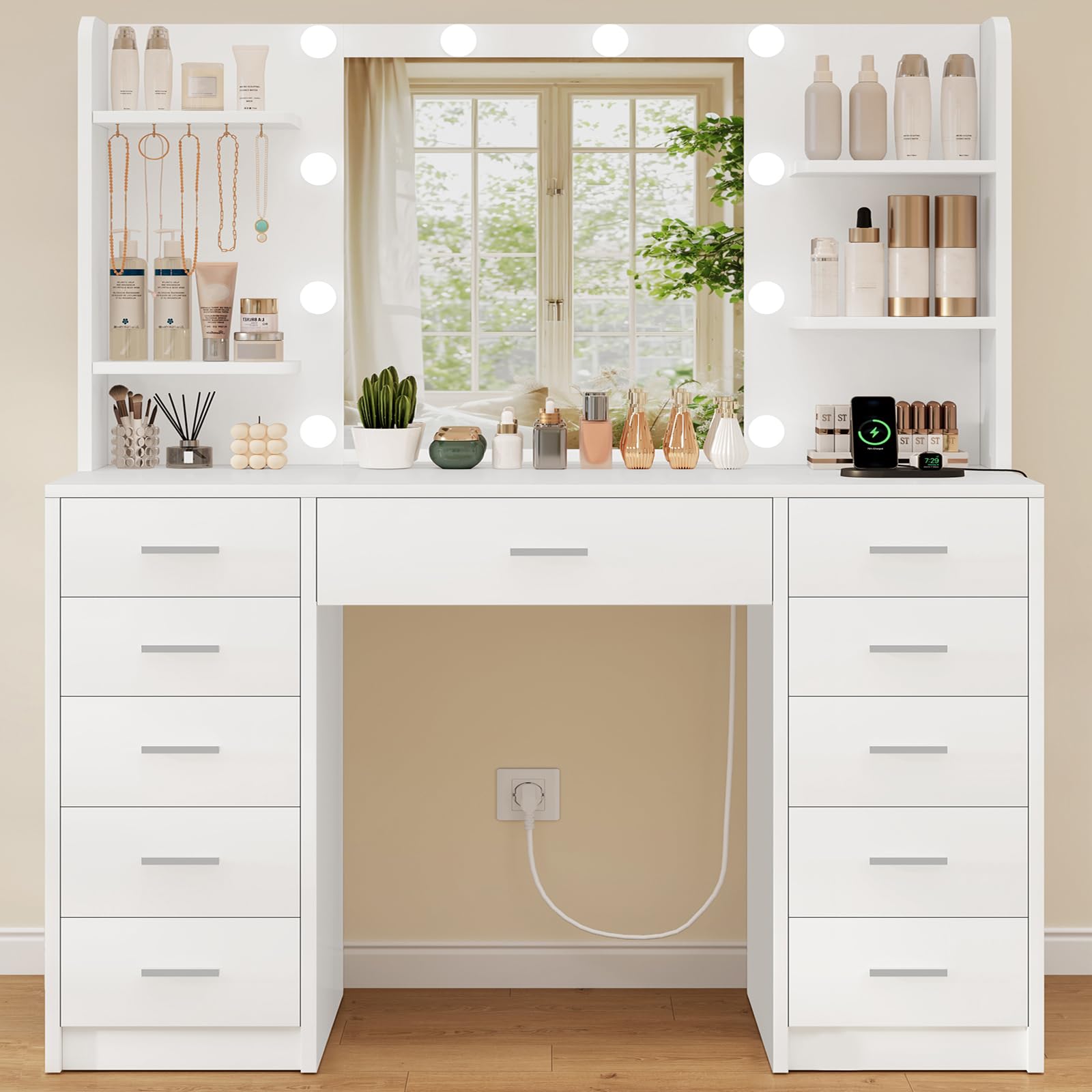 TEENFON Large Dressing Table with Adjustable LED Lighting and Sockets, Dressing Table with Mirror, 7 Drawers, 4 Open Shelves and 5 Jewellery Hooks for Bedroom, White