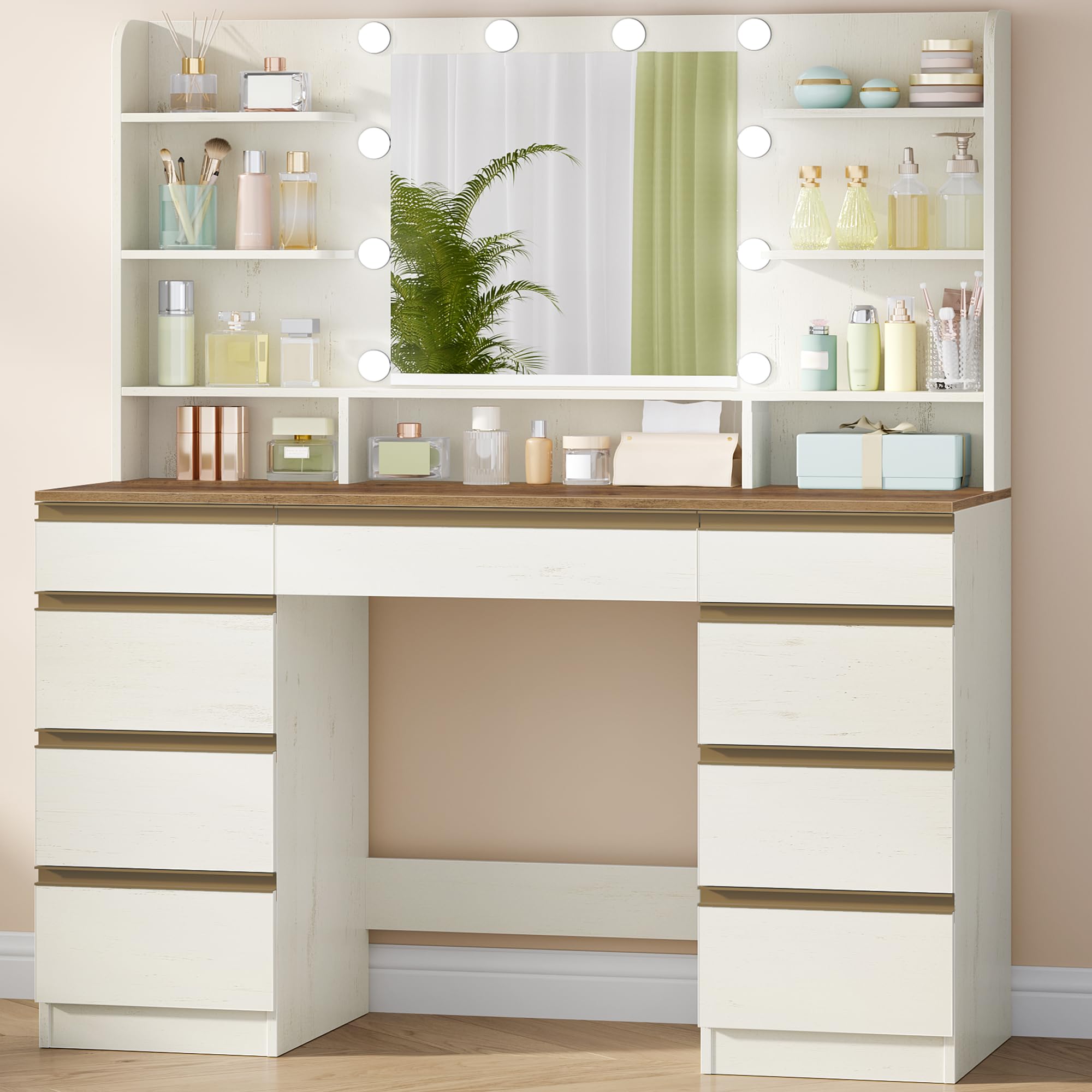 Hzuaneri Large Dressing Table with LED Lighting, 10 LED Light Balls, 3 Colours, Adjustable Brightness, Dressing Table with Mirror, 9 Drawers, 9 Open Shelves, Modern Style, White/Silver DT35703WV1