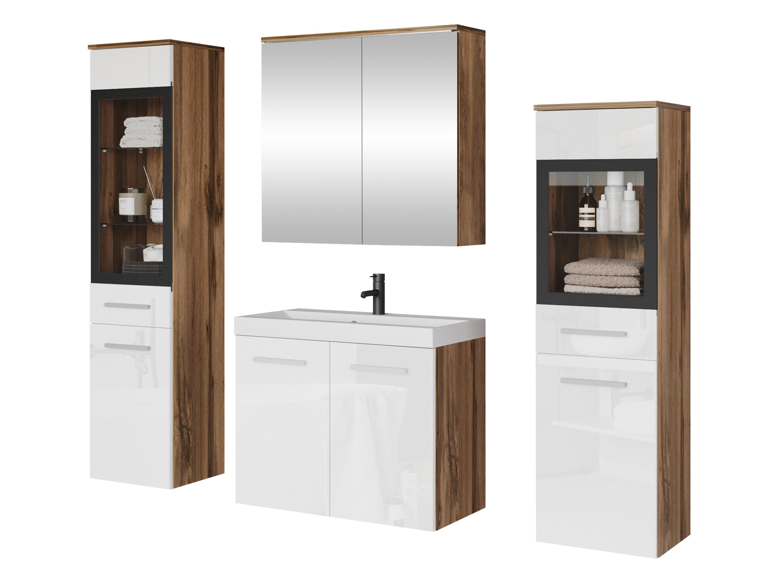 Mirjan24 Badmöbel Set Madrit II mit Waschbecken und Siphon, Komplettprogramme für Spiegelschrank, Waschtisch, Hochschrank (Kastanien Breslau/Grau Hochglanz, ohne Beleuchtung)