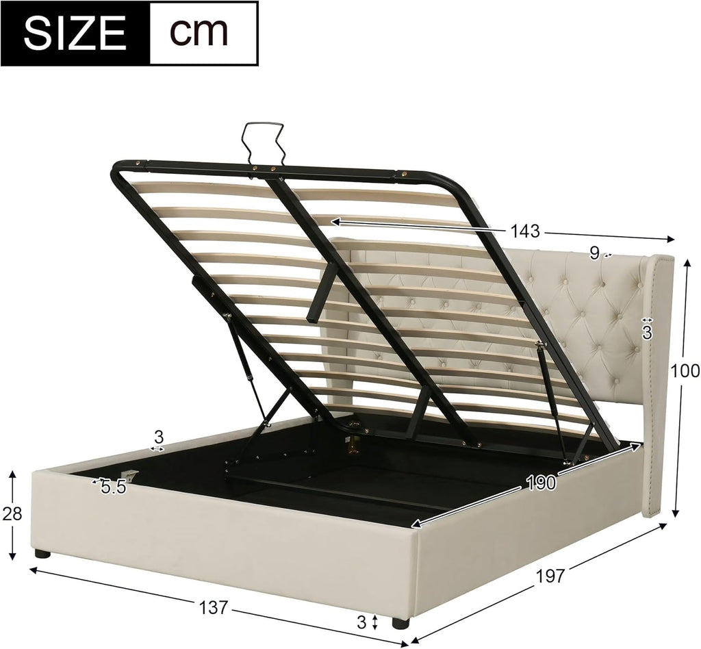 Merax Polsterbett 140x200cm mit Stauraum, Doppelbett mit Kopfteil und Lattenrost, Hydraulisches Funktionsbett für Jugend, Erwachsene, Samtstoff, Beige (Ohne Matratze)