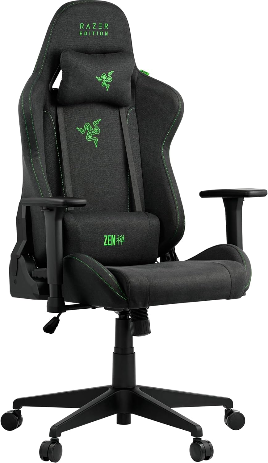 Razer Edition TAROK Essentials X Cloth PC Gaming Stuhl Stoff - atmungsaktiver Stoffbezug, Softcoat 1D Armlehnen, Wippfunktion, Lendenkissen und Kopfkissen, bis 130kg, schwarz
