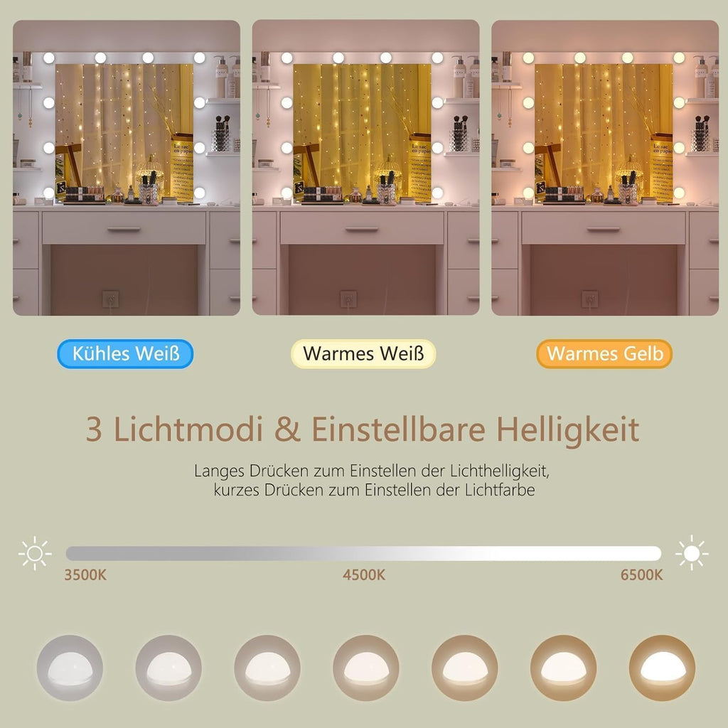 TEENFON Large Dressing Table with Adjustable LED Lighting and Sockets, Dressing Table with Mirror, 7 Drawers, 4 Open Shelves and 5 Jewellery Hooks for Bedroom, White