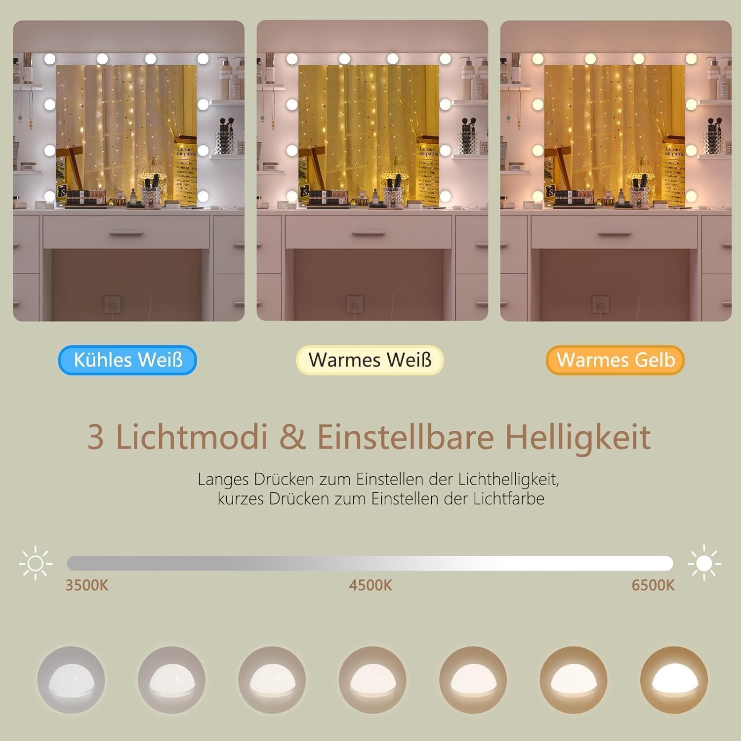 TEENFON Large Dressing Table with Adjustable LED Lighting and Sockets, Dressing Table with Mirror, 7 Drawers, 4 Open Shelves and 5 Jewellery Hooks for Bedroom, White