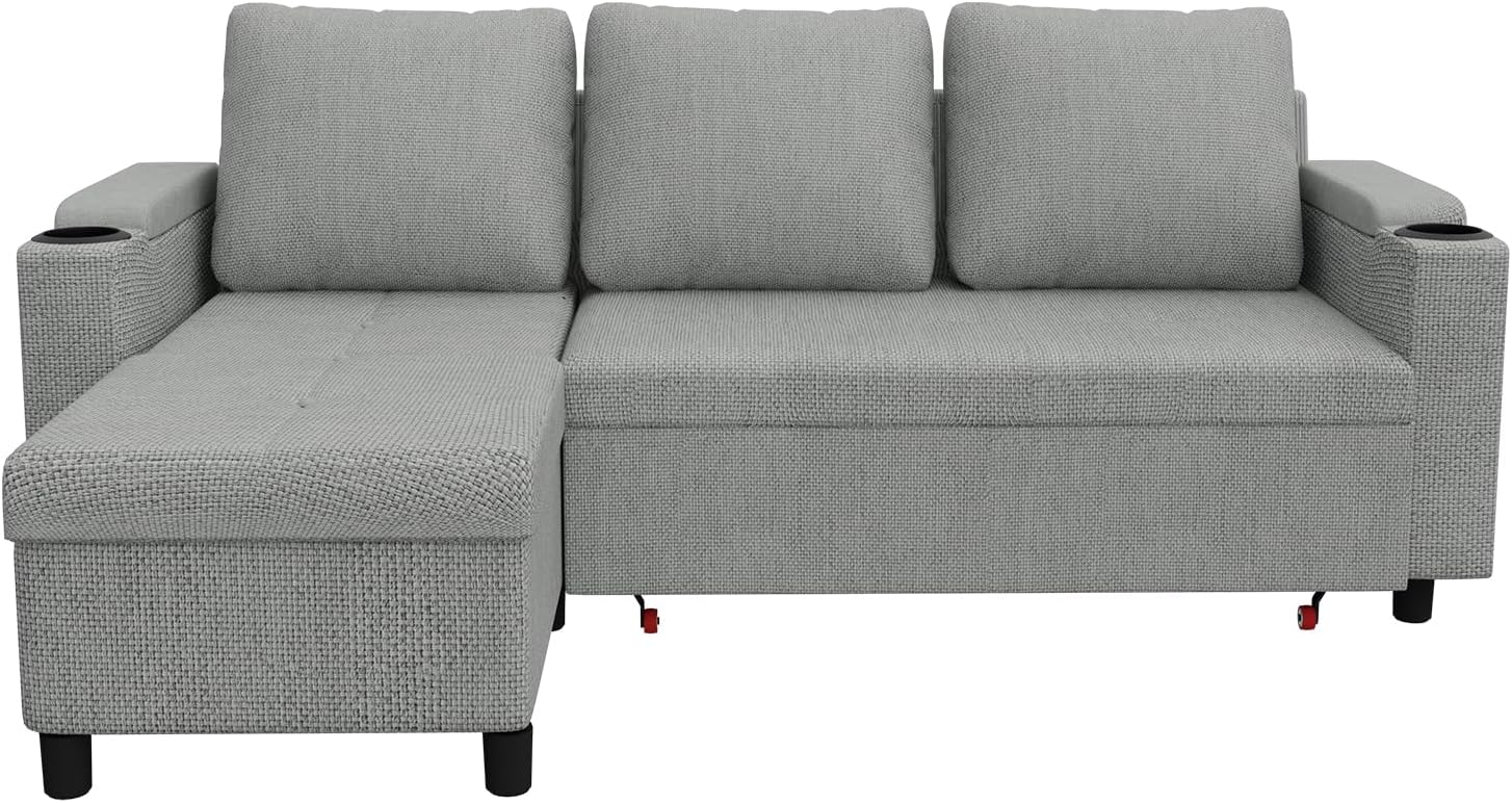 Devoko Ecksofa mit Schlaffunktion, Schlafsofa Ausziehbar L-Form mit Stauraum & Bettkasten, Schlafcouch für Wohnzimmer und Schlafzimmer, Hellgrau