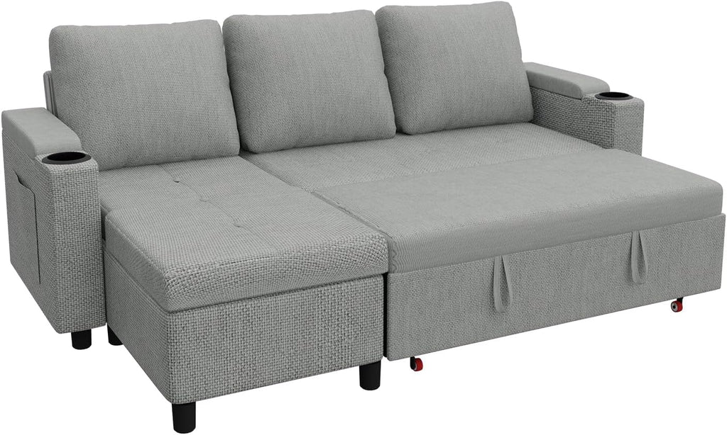 Devoko Ecksofa mit Schlaffunktion, Schlafsofa Ausziehbar L-Form mit Stauraum & Bettkasten, Schlafcouch für Wohnzimmer und Schlafzimmer, Hellgrau