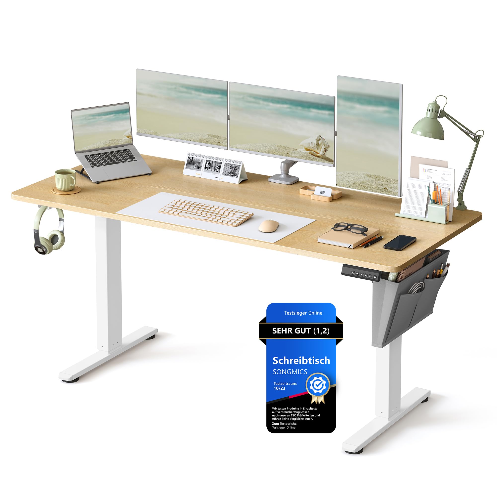 SONGMICS Höhenverstellbarer Schreibtisch elektrisch, 140 x 60 cm, stufenlos verstellbar, Memory-Funktion mit 4 Höhen, vintagebraun LSD134K01