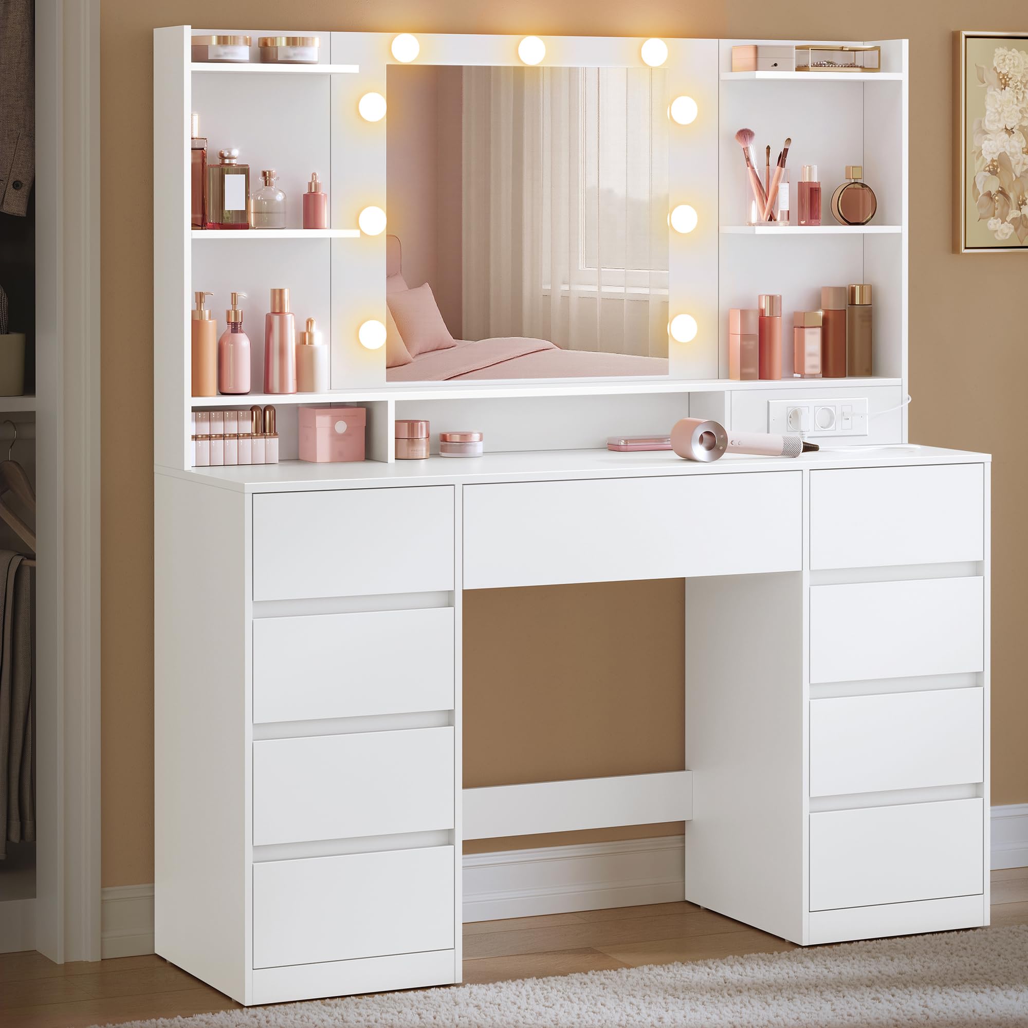 VASAGLE Kailyn Collection RDT142WB02 Dressing Table with Mirror and LED Lights, Power Strip, 2 Cabinets, 9 Dimmable Bulbs, 3 Light Colours, Tool-Free Slide Rails, Cloud White