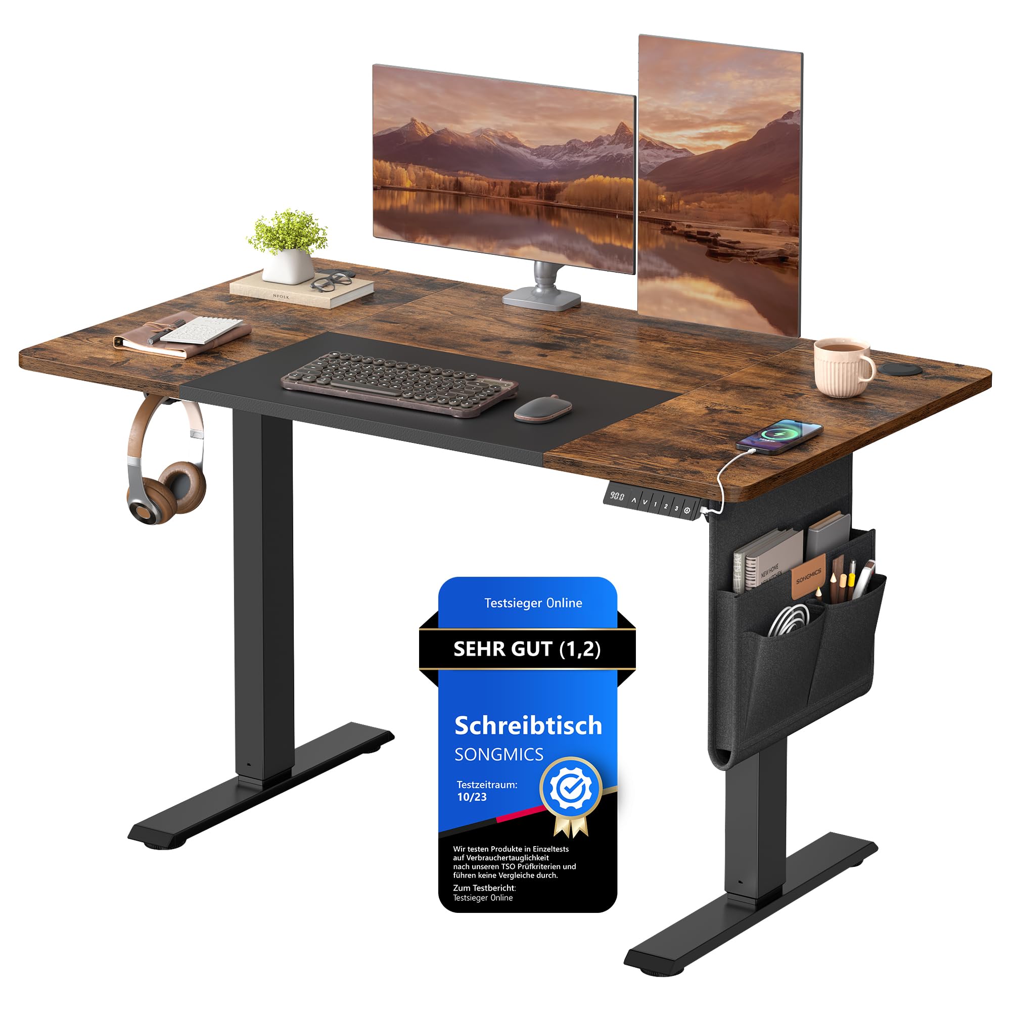 SONGMICS Höhenverstellbarer Schreibtisch elektrisch, 160 x 70 cm, stufenlos verstellbar, Memory-Funktion mit 4 Höhen, wolkenweiß LSD136W01