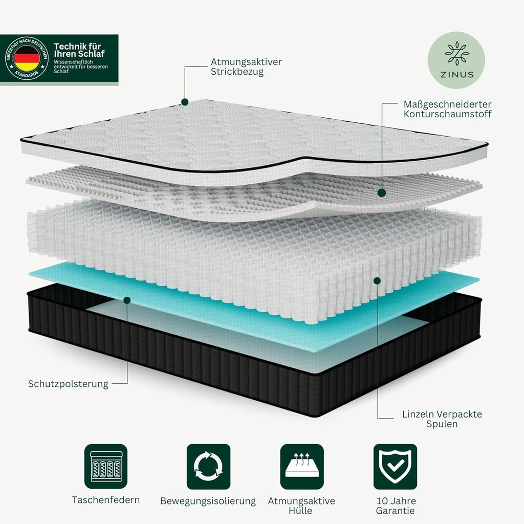 Zinus Tight Top Taschenfederkernmatratze 90x200cm - Mittlerer Härtegrad - Recycelter Polsterung & Hochdichtem Komfortschaum - Höhe 25 cm - Oeko-TEX Zertifiziert