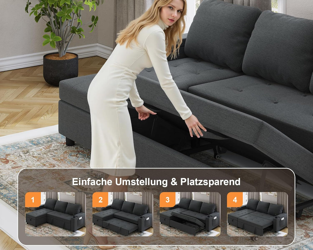 Devoko Ecksofa mit Schlaffunktion und Bettkasten 3 Sitzer Schlafsofa Ausziehbar L Form Couch klein Schlafcouch Wohnlandschaft für Wohnung und Wohnzimmer Dunkelgrau