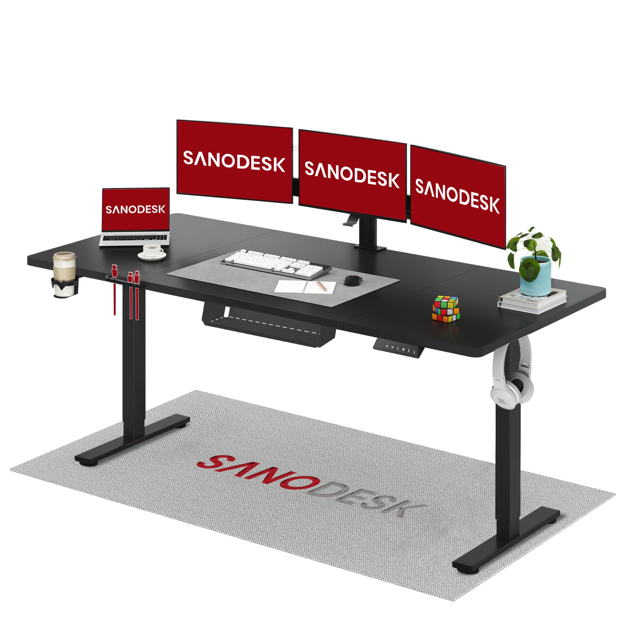 SANODESK Höhenverstellbarer Schreibtisch 110×54 cm – Kompakter Standing Desk mit praktischem Zubehör, ideal für kleine Räume, leise & sicher mit Anti-Kollisions-Schutz(Weiß)