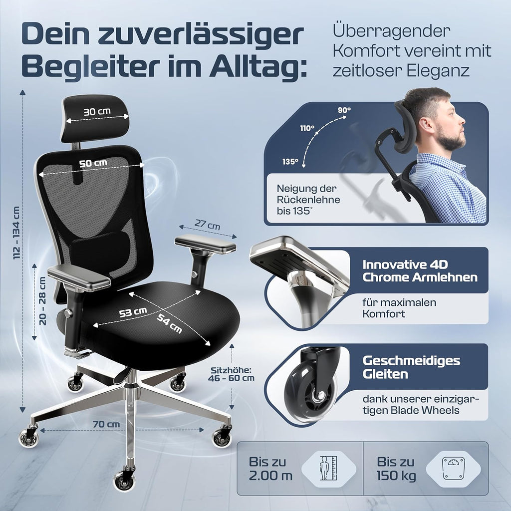CLOUVOU CleverSeat Bürostuhl Ergonomisch [TESTSIEGER] Schreibtischstuhl 100% individuell einstellbar | Büro Stuhl & Gaming Stuhl | Computerstuhl Home Office Chair Ergonomic | Drehstuhl 150 kg