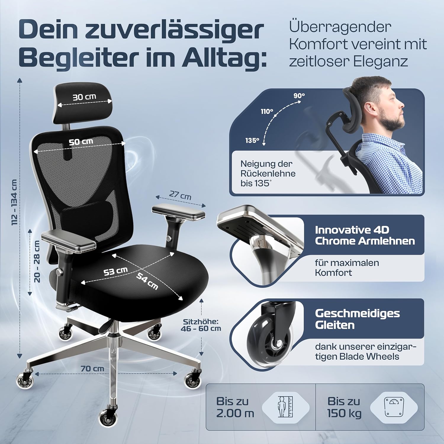 CLOUVOU CleverSeat Bürostuhl Ergonomisch [TESTSIEGER] Schreibtischstuhl 100% individuell einstellbar | Büro Stuhl & Gaming Stuhl | Computerstuhl Home Office Chair Ergonomic | Drehstuhl 150 kg