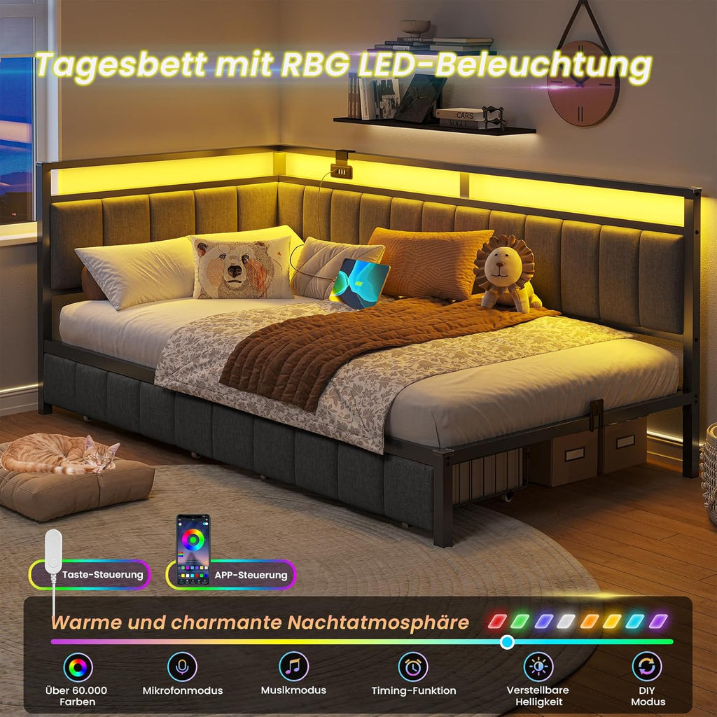 DICTAC Polsterbett Schlafsofa 90x200 mit LED-Beleuchtung und USB-Ladestation,Jugendbett Tagesbett 90x200 mit Lattenrost aus Metall und 2 Schubladen,Gästebett,Bettgestell ohne Matratze,Dunkelgrau