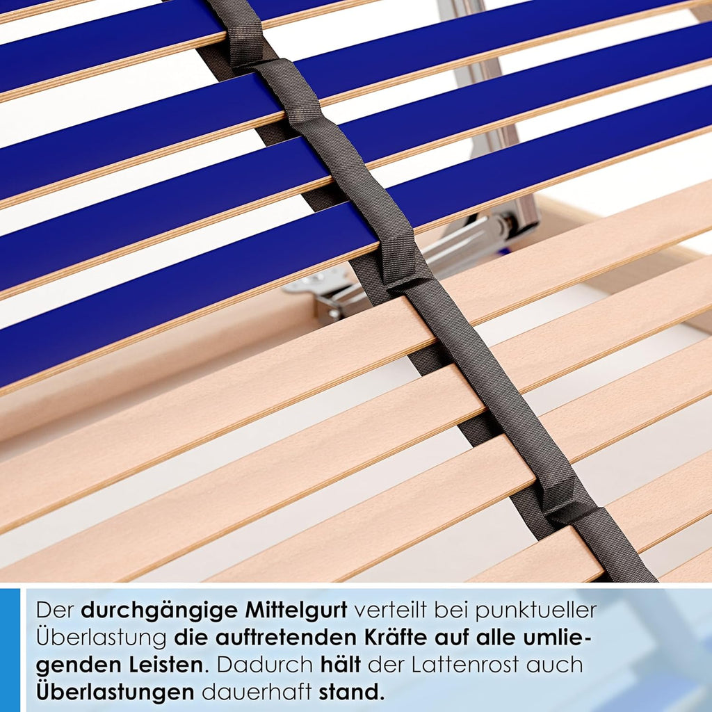 Stabiler Lattenrost 100% BUCHE Lattenrahmen - Kopfteil verstellbar - SCHULTERFRÄSUNG, 7 Zonen, 42 Federleisten, Härte-Regulierung, Mittelgurt - Vario Sleep Best 42® unmontiert (100x190cm)