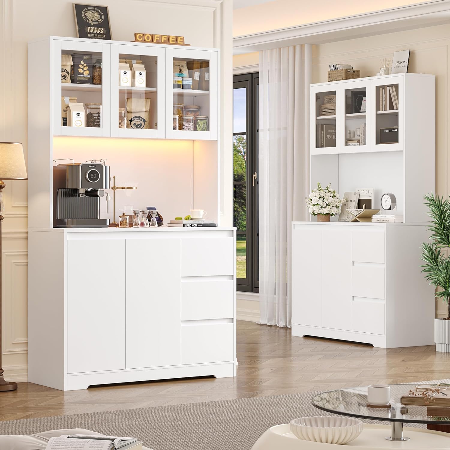 FirFurd Küchenschrank Buffetschrank mit LED Sideboard für Küche mit Steckdosenleiste Küchenschrank mit Arbeitsplatte und 3 Schubladen Küchenbuffet mit Verstellbares Regal 180x100x38.5 cm weiß