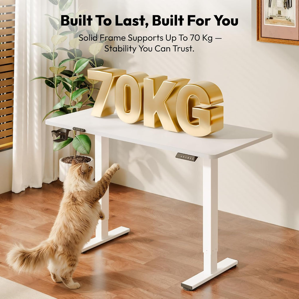 SANODESK Höhenverstellbarer Schreibtisch 110×54 cm – Kompakter Standing Desk mit praktischem Zubehör, ideal für kleine Räume, leise & sicher mit Anti-Kollisions-Schutz(Weiß)