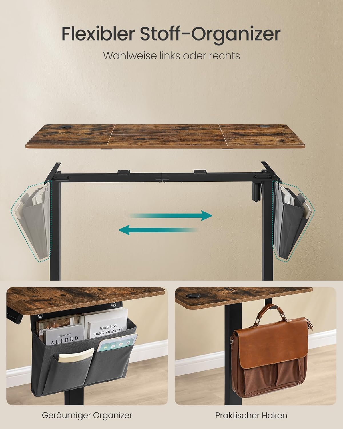 SONGMICS Höhenverstellbarer Schreibtisch elektrisch, 140 x 60 cm, stufenlos verstellbar, Memory-Funktion mit 4 Höhen, vintagebraun LSD134K01