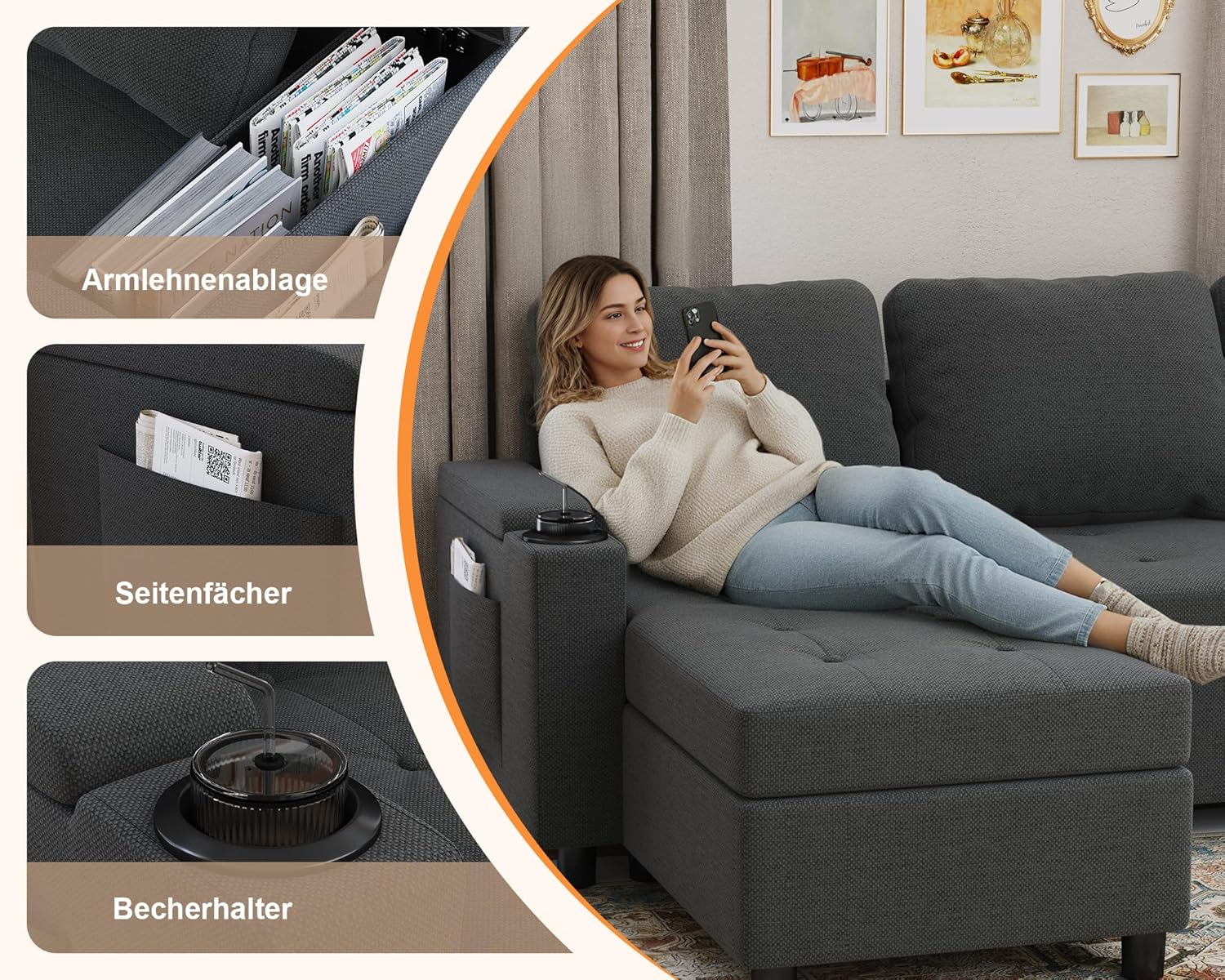 Devoko Ecksofa mit Schlaffunktion und Bettkasten 3 Sitzer Schlafsofa Ausziehbar L Form Couch klein Schlafcouch Wohnlandschaft für Wohnung und Wohnzimmer Dunkelgrau