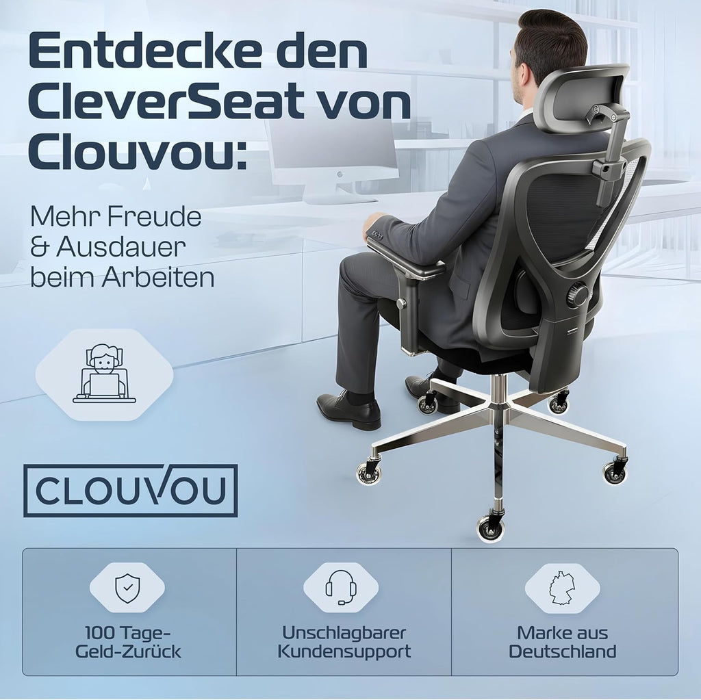 CLOUVOU CleverSeat Bürostuhl Ergonomisch [TESTSIEGER] Schreibtischstuhl 100% individuell einstellbar | Büro Stuhl & Gaming Stuhl | Computerstuhl Home Office Chair Ergonomic | Drehstuhl 150 kg