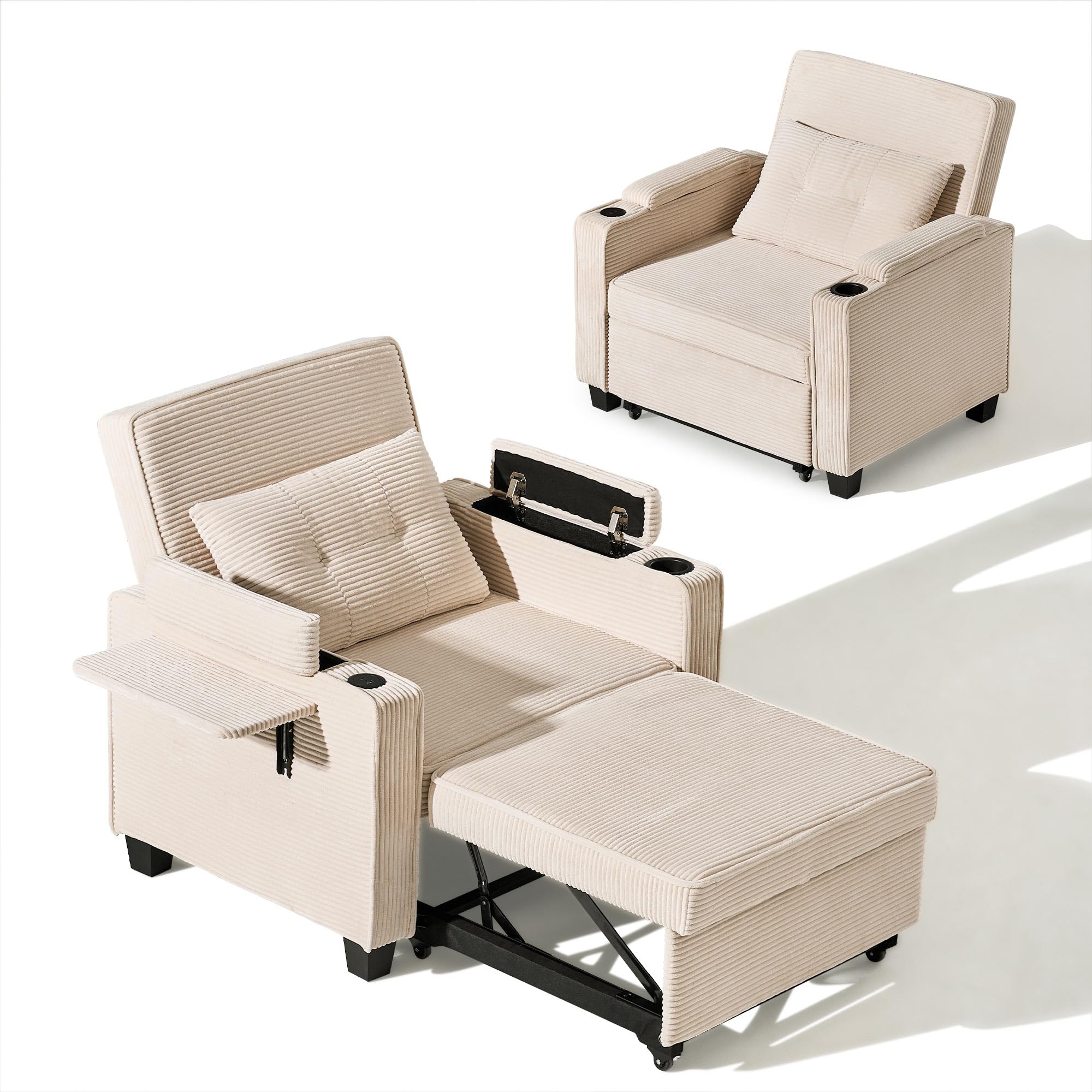 CLIPOP Schlafsofa, 3-in-1 Schlafsessel mit Bettfunktion, Ausziehbarer Sofa mit Schlaffunktion mit USB-C, 3-stufig Verstellbarer Rückenlehne (105°-160°), Stauraum & Getränkehalter (Cordsamt, Grau)