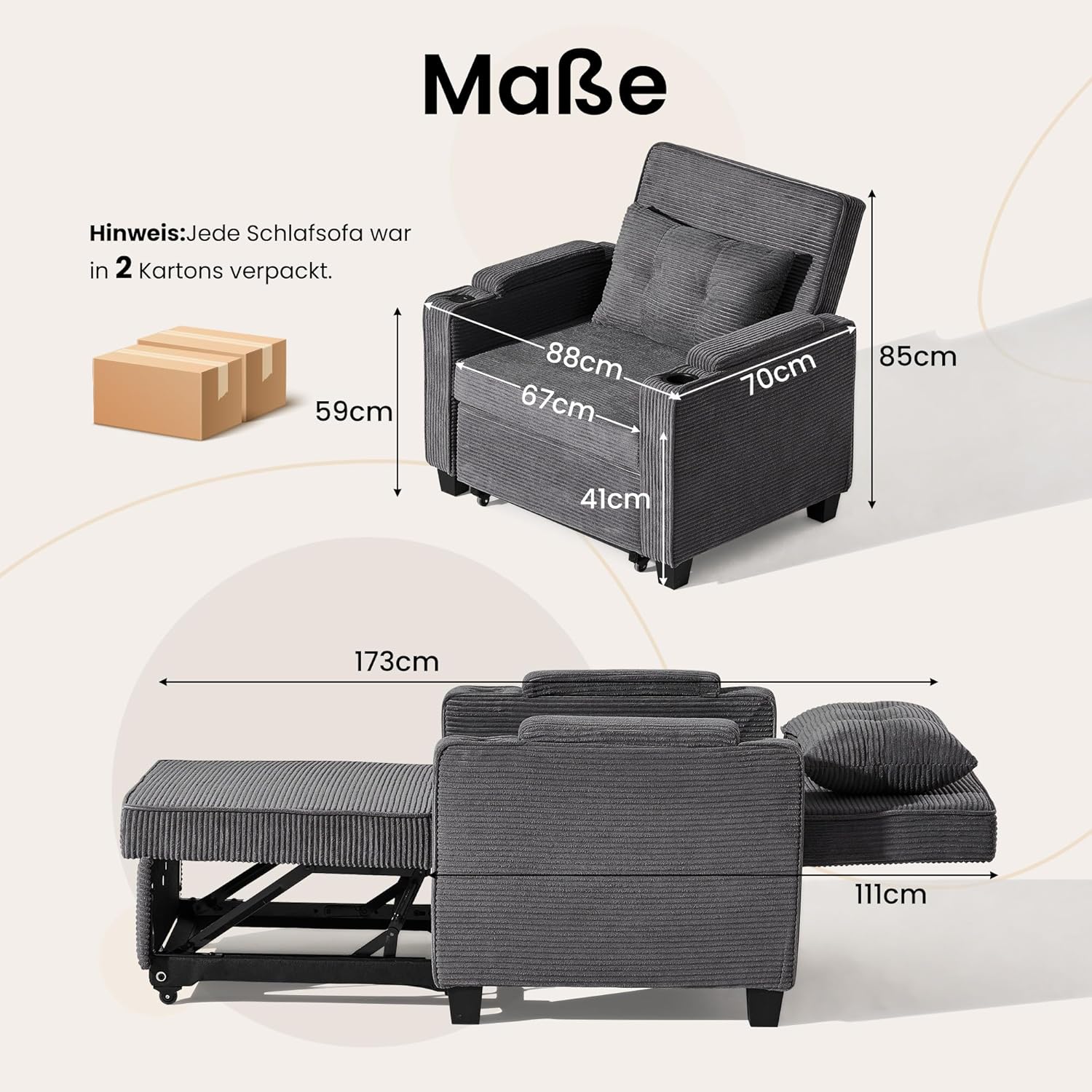 CLIPOP Schlafsofa, 3-in-1 Schlafsessel mit Bettfunktion, Ausziehbarer Sofa mit Schlaffunktion mit USB-C, 3-stufig Verstellbarer Rückenlehne (105°-160°), Stauraum & Getränkehalter (Cordsamt, Grau)