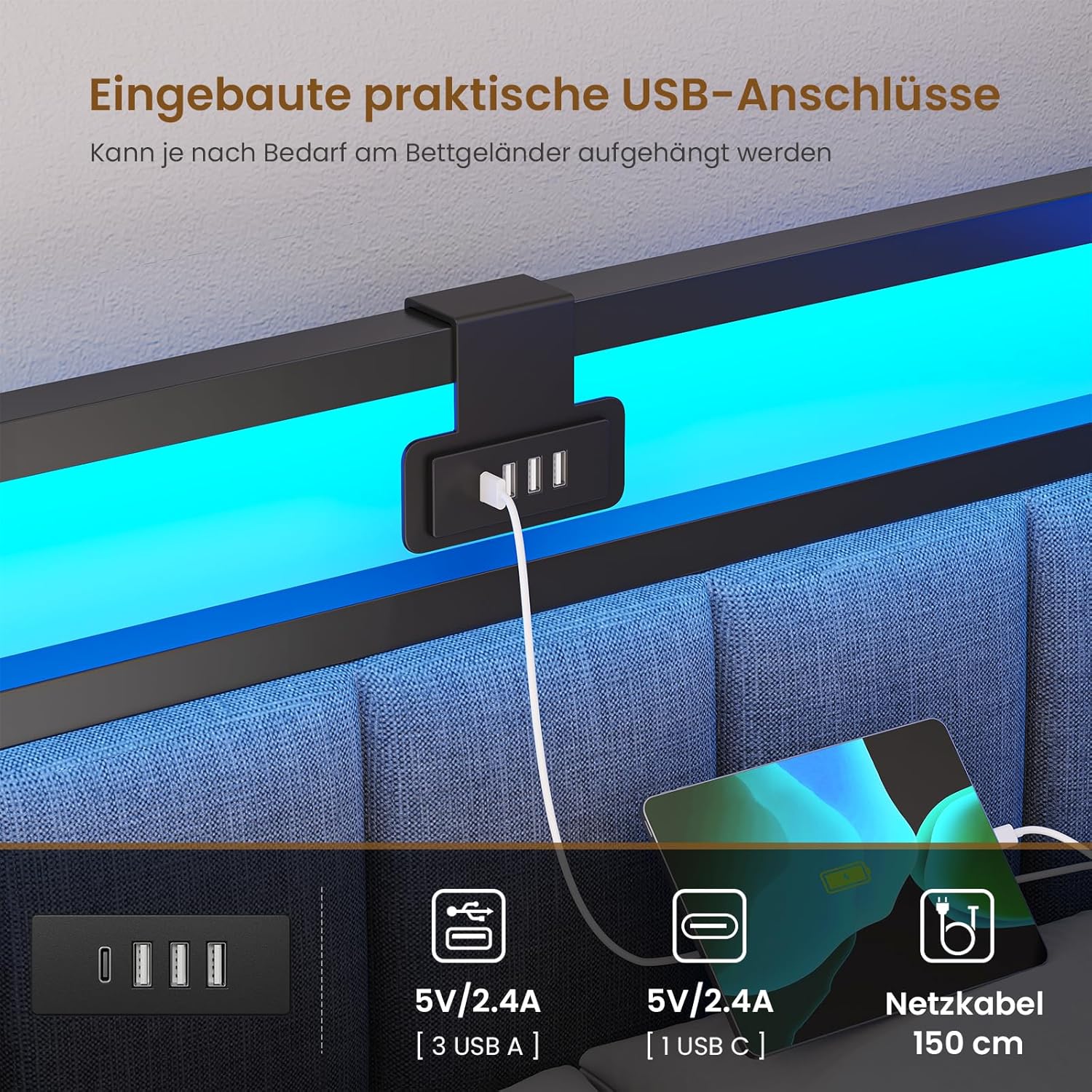 DICTAC Polsterbett Schlafsofa 90x200 mit LED-Beleuchtung und USB-Ladestation,Jugendbett Tagesbett 90x200 mit Lattenrost aus Metall und 2 Schubladen,Gästebett,Bettgestell ohne Matratze,Dunkelgrau