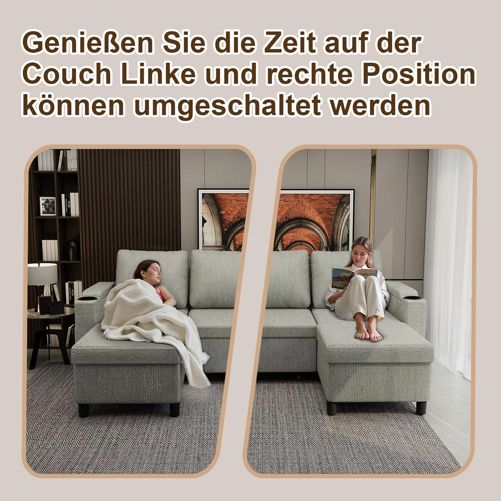 Devoko Ecksofa mit Schlaffunktion, Schlafsofa Ausziehbar L-Form mit Stauraum & Bettkasten, Schlafcouch für Wohnzimmer und Schlafzimmer, Hellgrau
