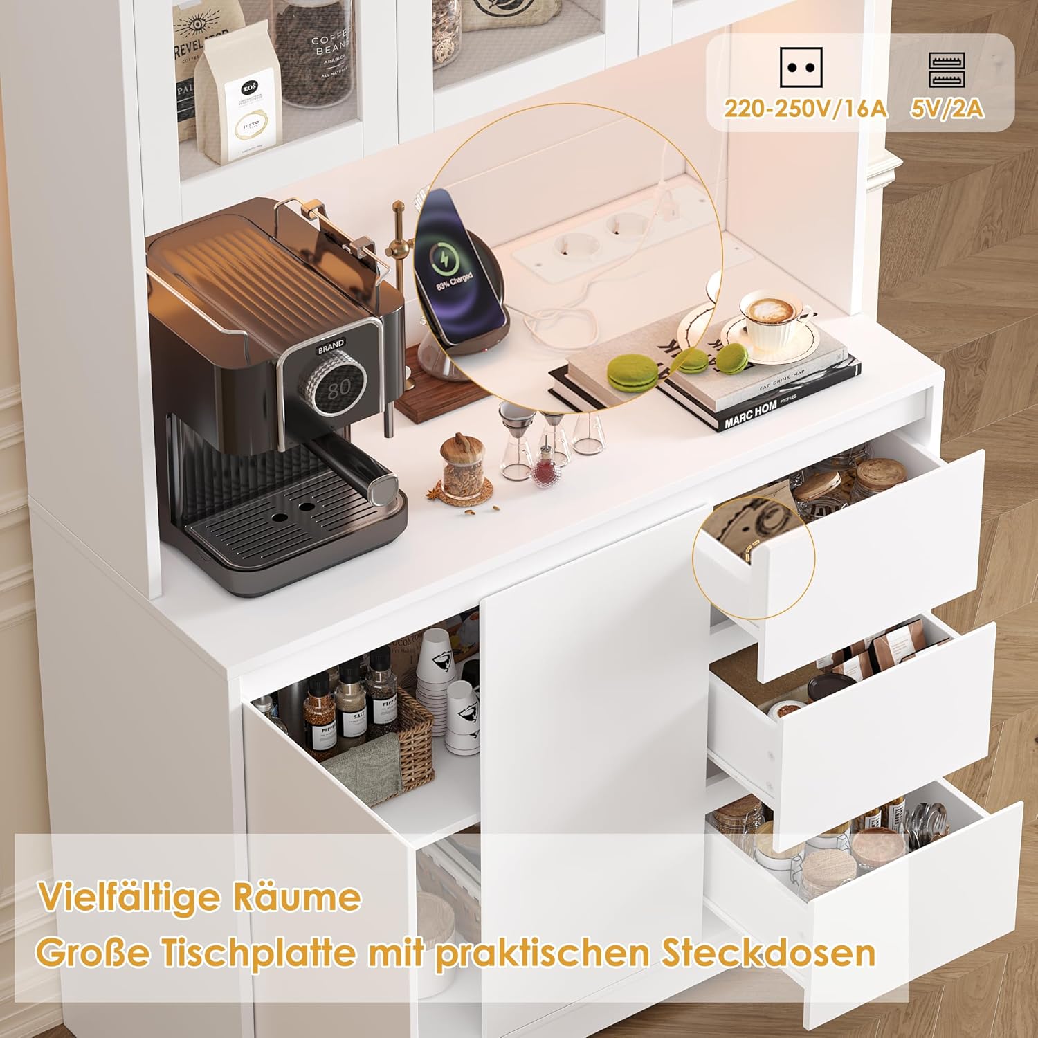 FirFurd Küchenschrank Buffetschrank mit LED Sideboard für Küche mit Steckdosenleiste Küchenschrank mit Arbeitsplatte und 3 Schubladen Küchenbuffet mit Verstellbares Regal 180x100x38.5 cm weiß